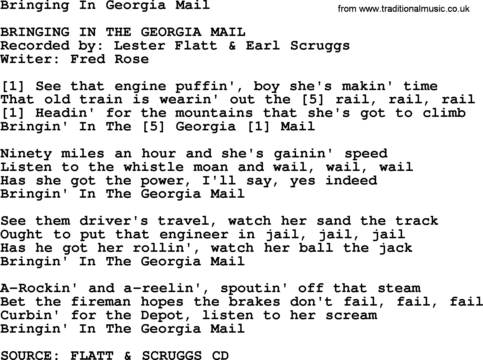 Bluegrass song: Bringing In Georgia Mail, lyrics and chords