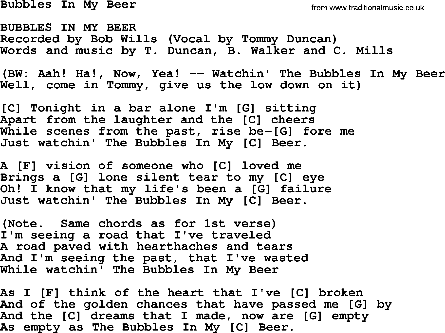 Bluegrass song: Bubbles In My Beer, lyrics and chords
