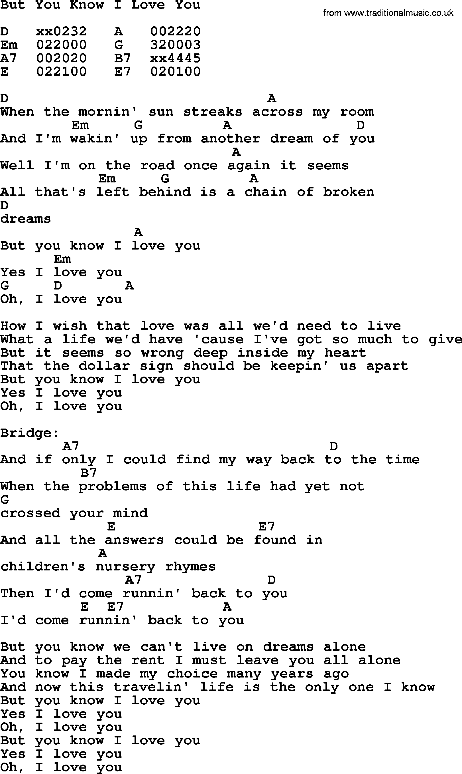 Bluegrass song: But You Know I Love You, lyrics and chords
