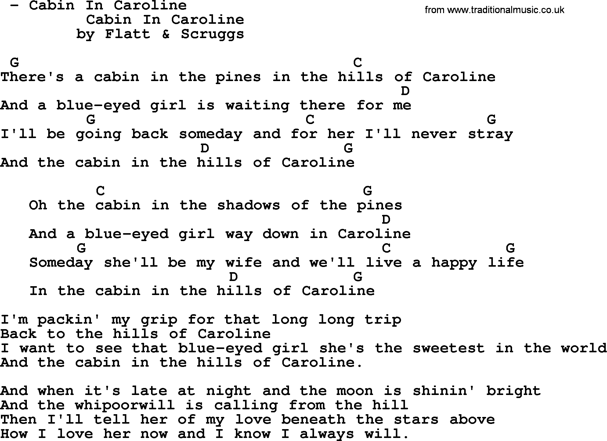 Bluegrass song: Cabin In Caroline, lyrics and chords