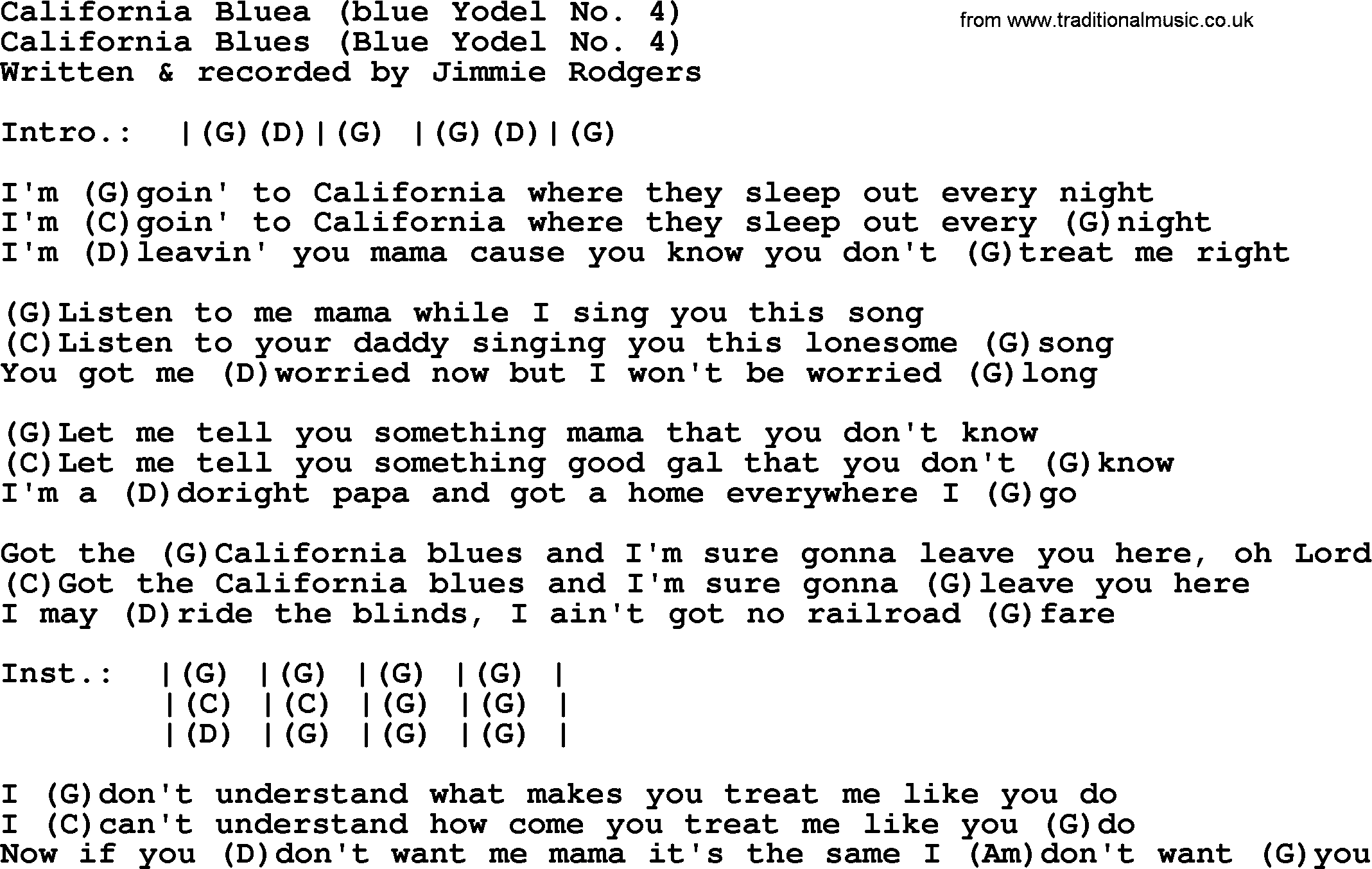 Bluegrass song: California Blues(Blue Yodel No. 4), lyrics and chords