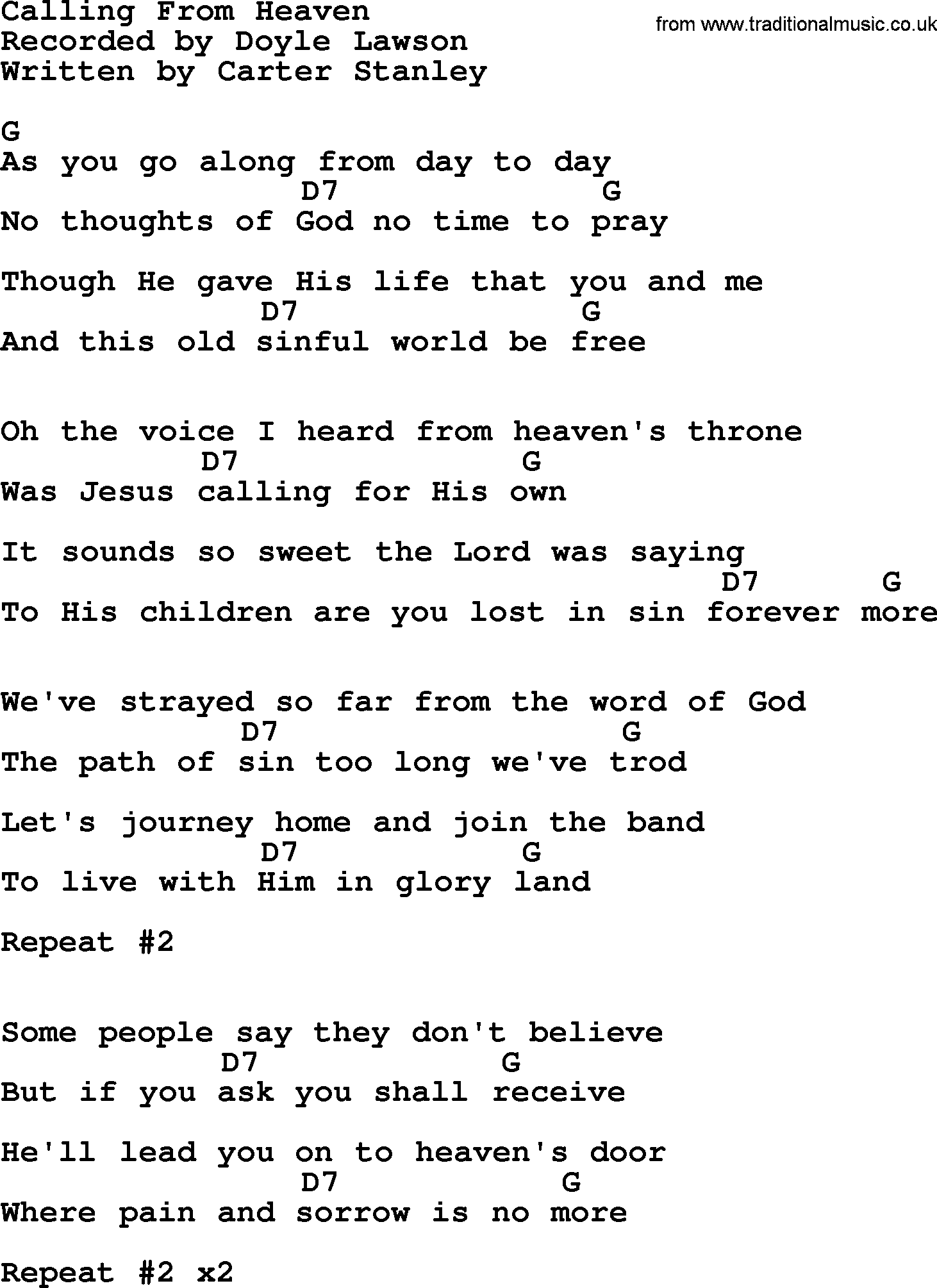 Bluegrass song: Calling From Heaven, lyrics and chords