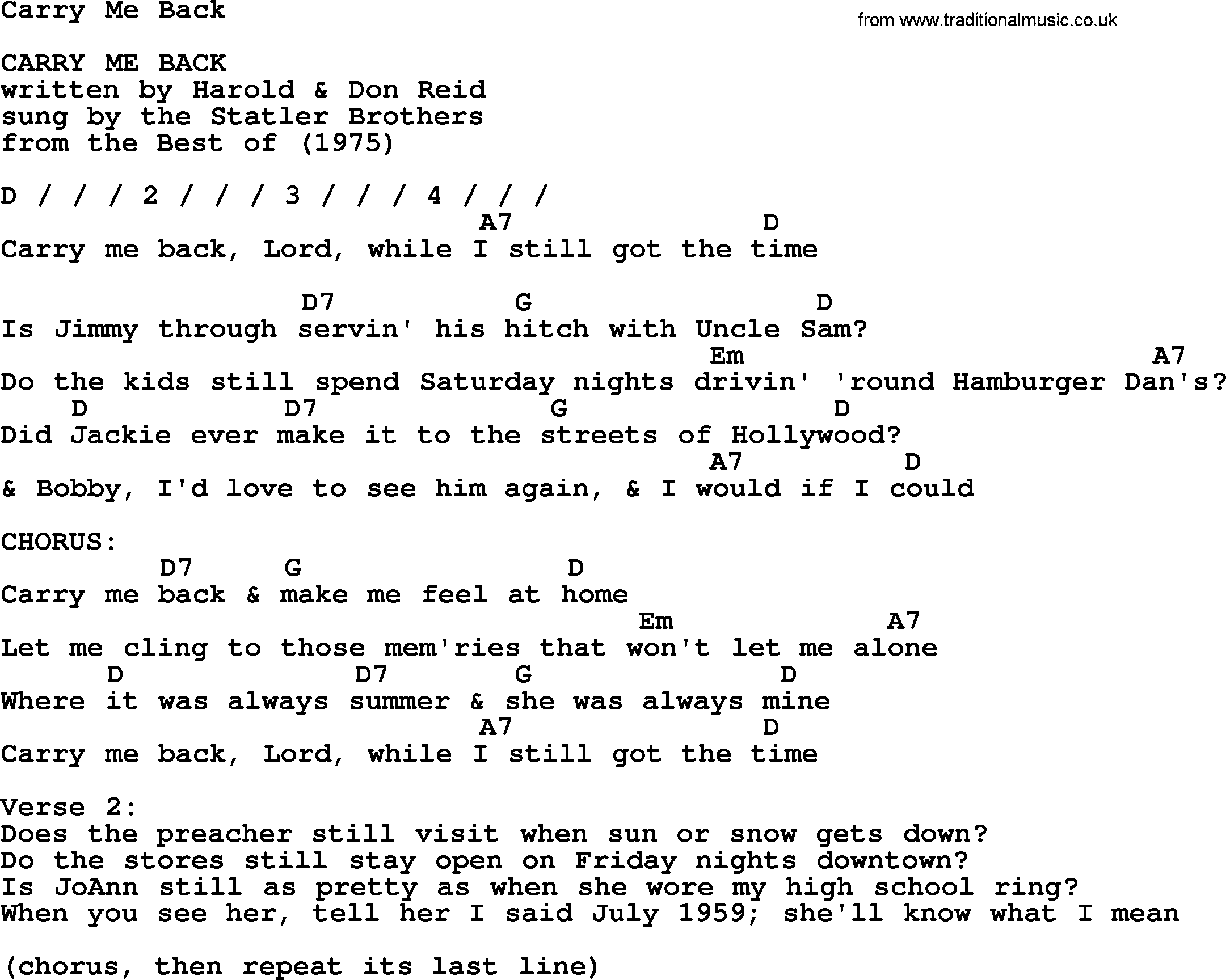 Bluegrass song: Carry Me Back, lyrics and chords