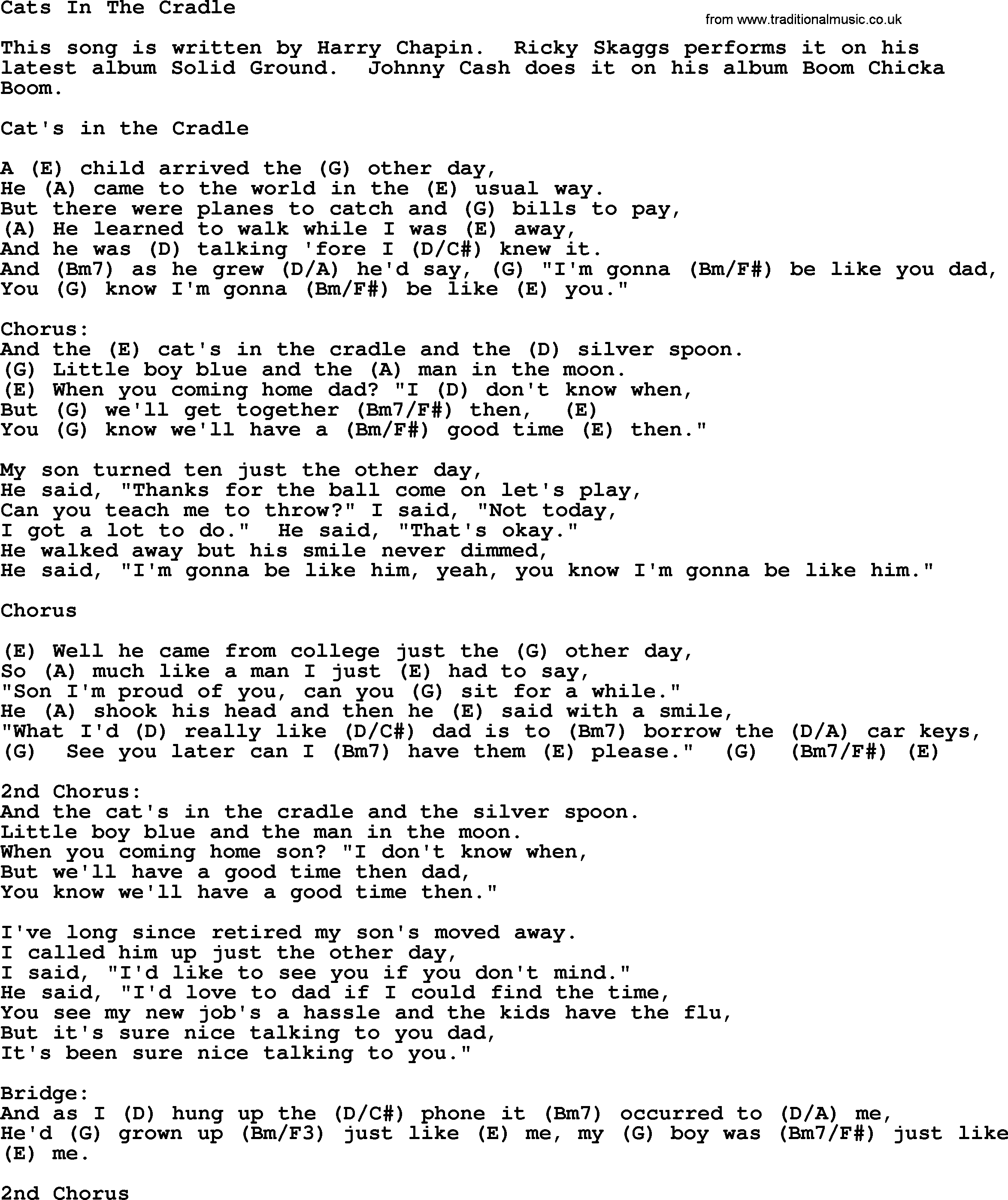 Bluegrass song: Cats In The Cradle, lyrics and chords