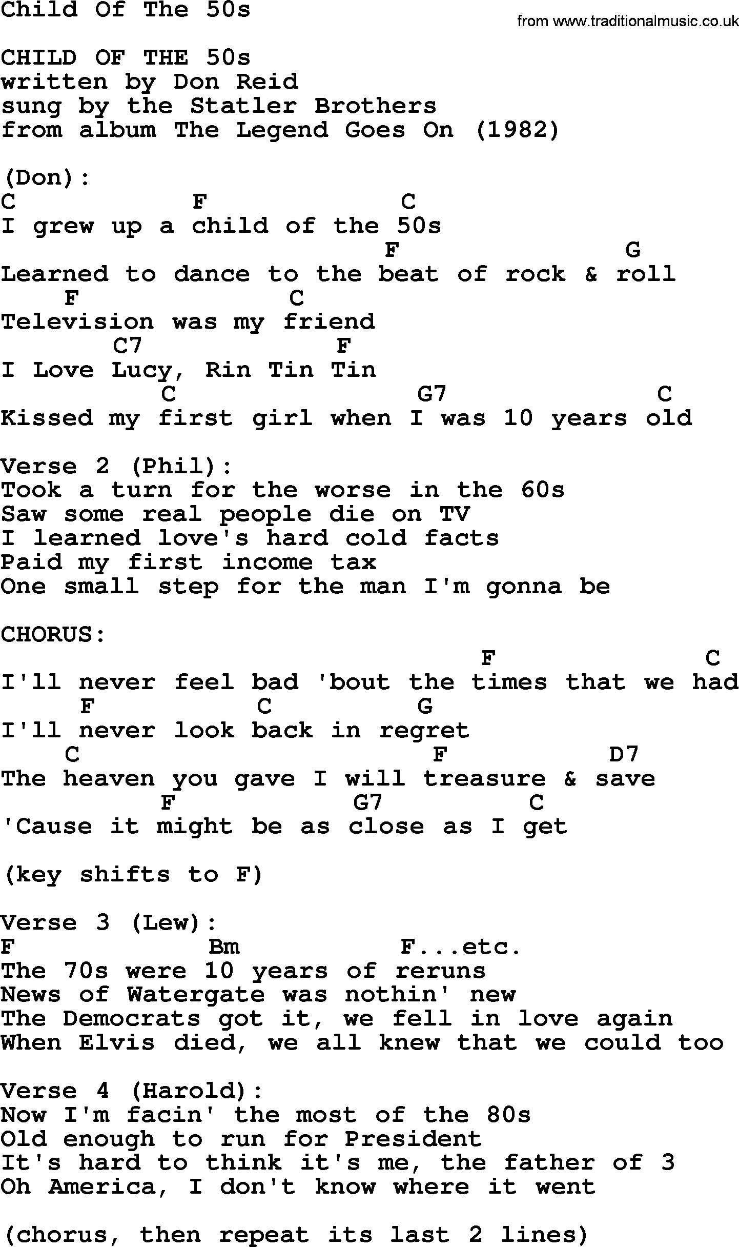 Bluegrass song: Child Of The 50s, lyrics and chords