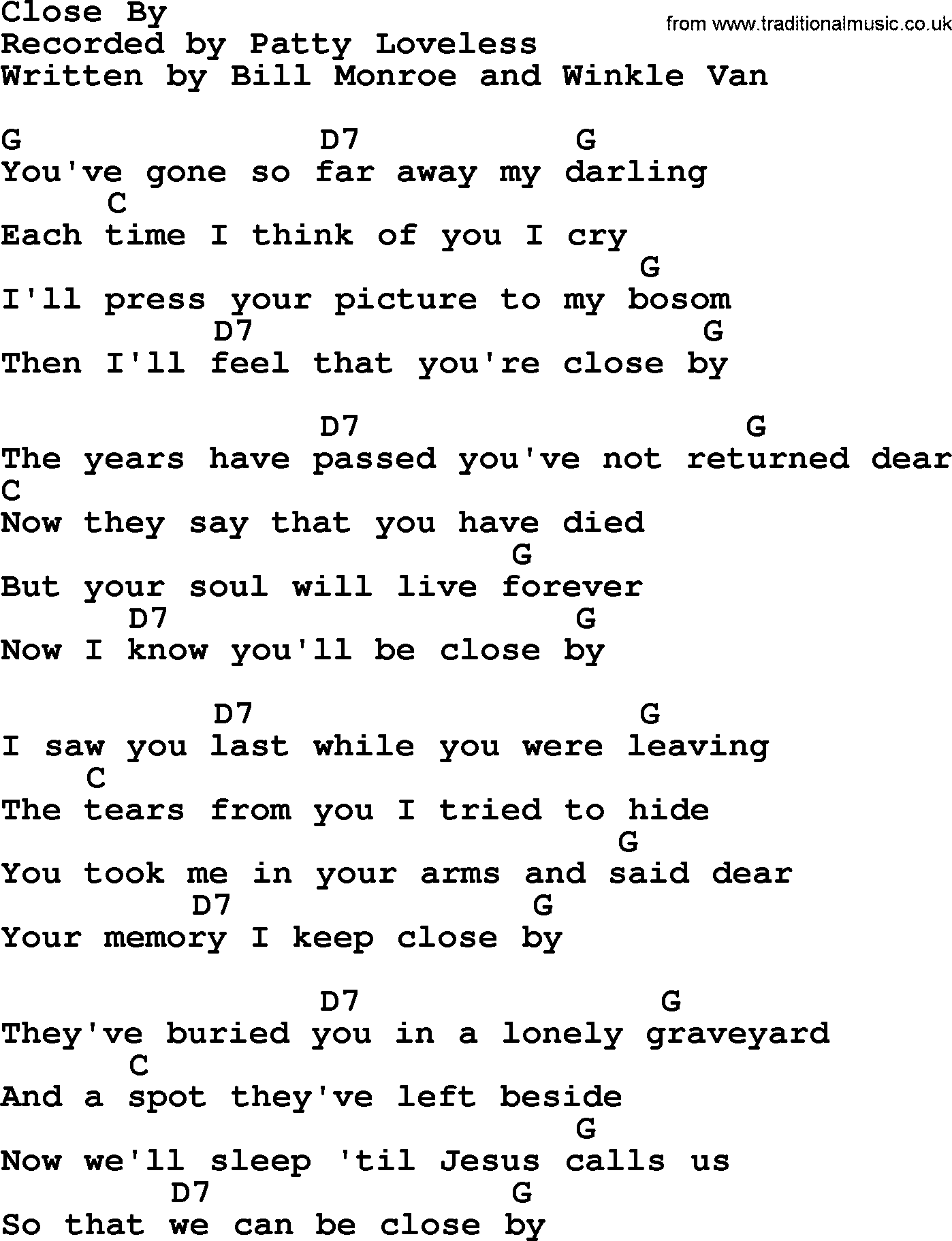Bluegrass song: Close By, lyrics and chords