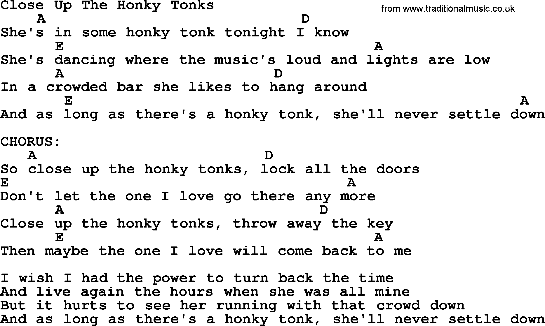 Bluegrass song: Close Up The Honky Tonks, lyrics and chords