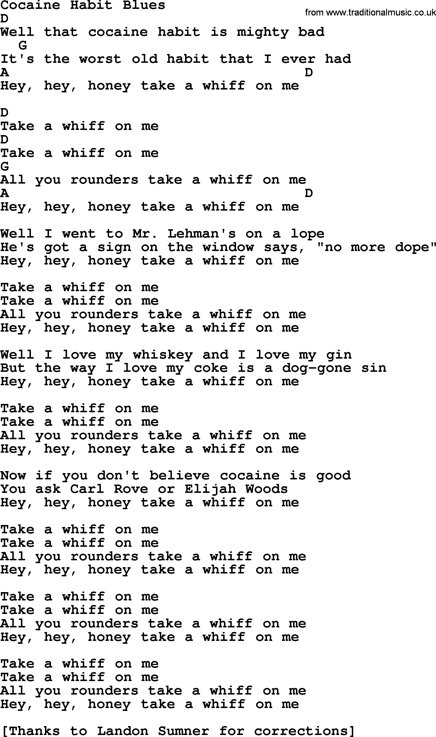 Bluegrass song: Cocaine Habit Blues, lyrics and chords