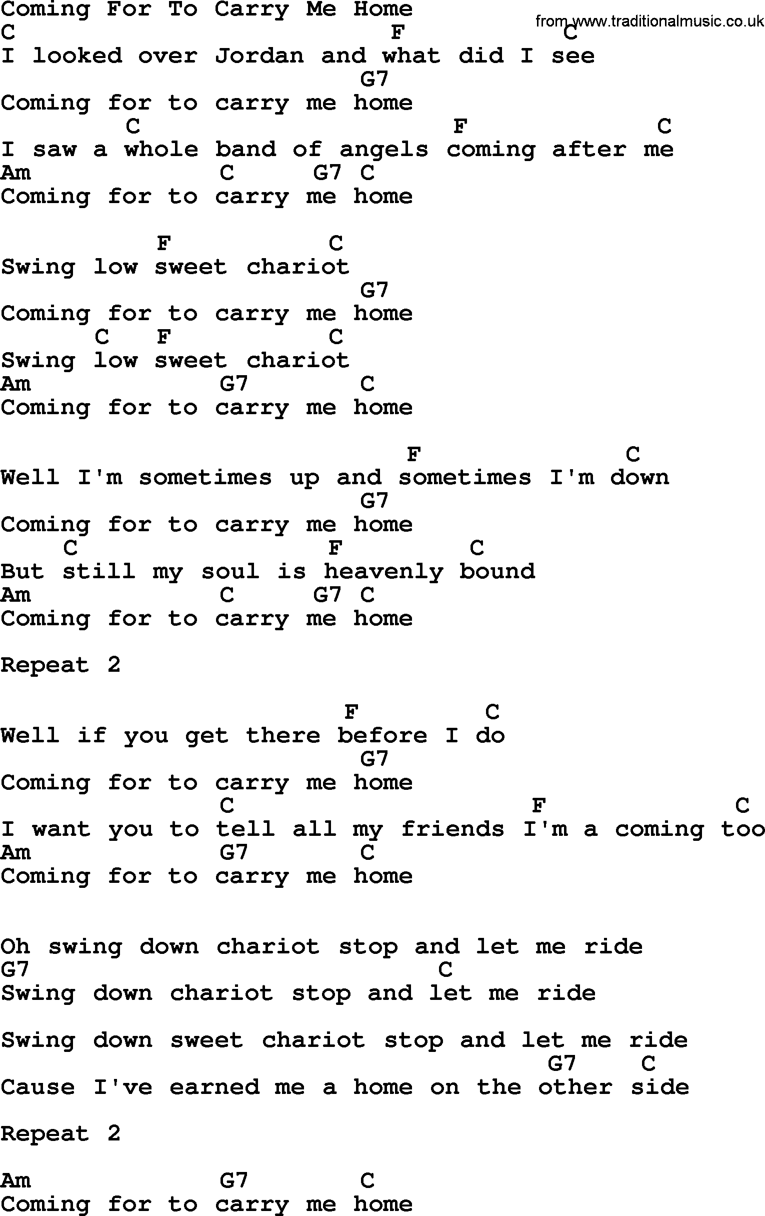 Bluegrass song: Coming For To Carry Me Home, lyrics and chords