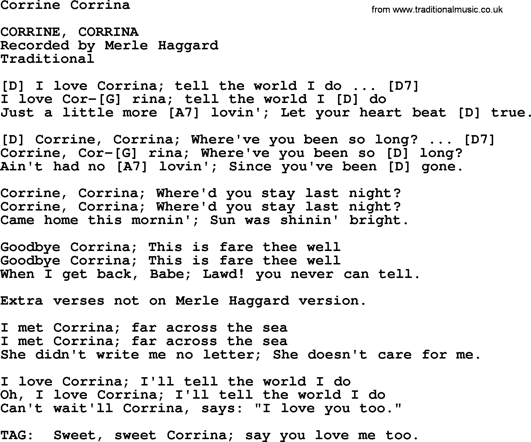 Bluegrass song: Corrine Corrina, lyrics and chords