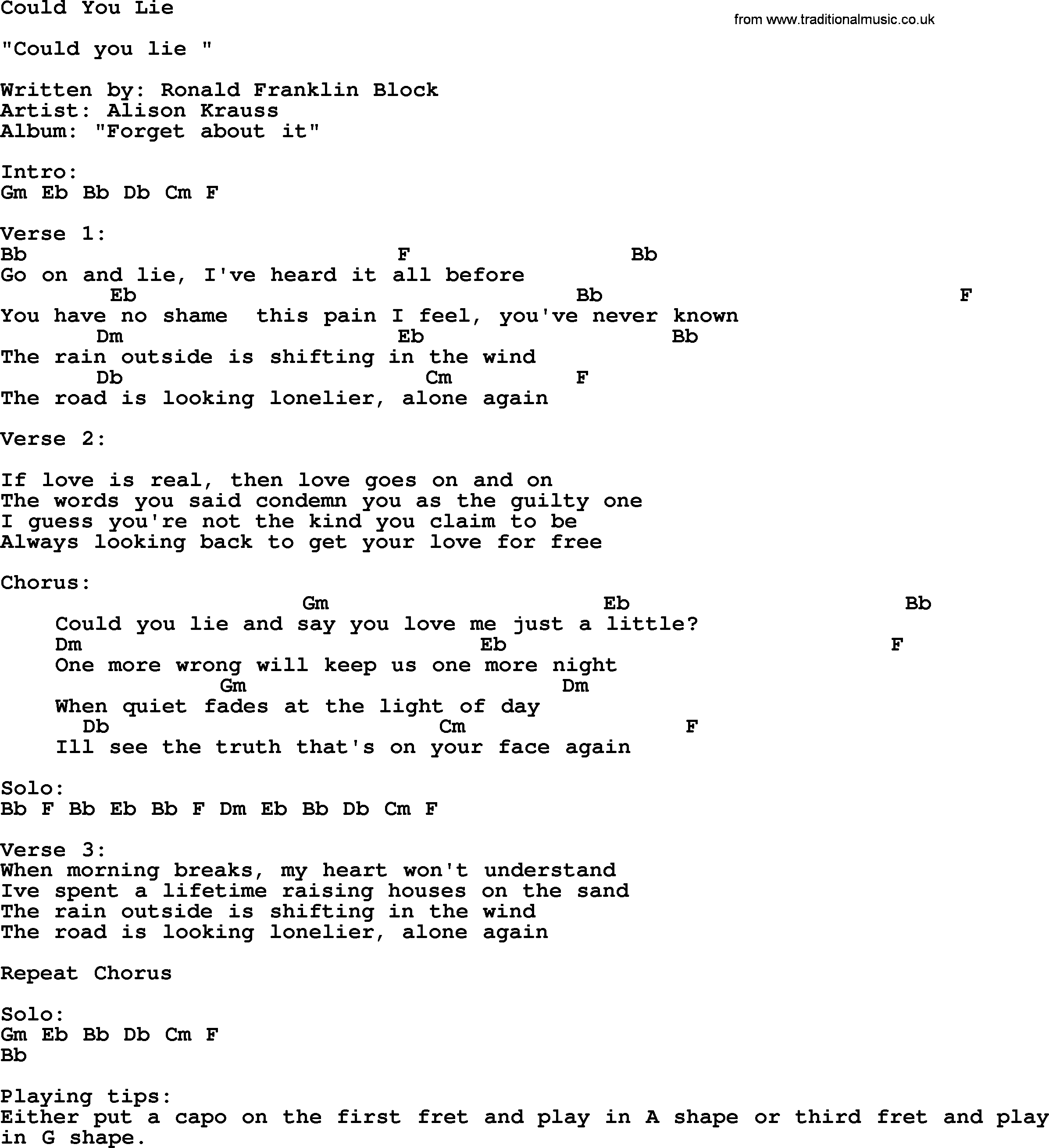 Bluegrass song: Could You Lie, lyrics and chords