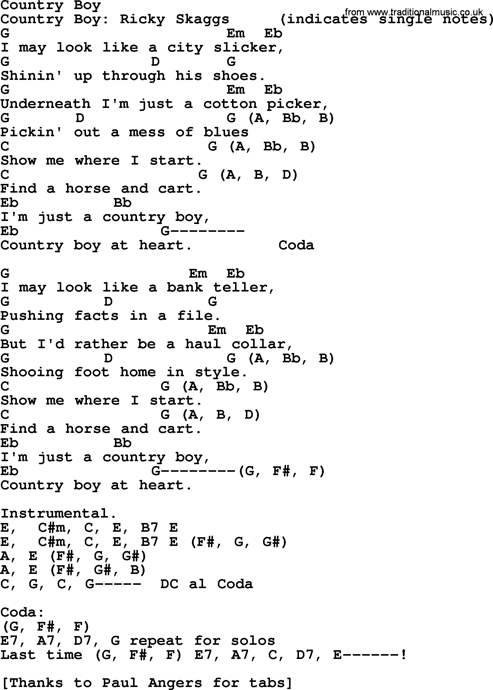Bluegrass song: Country Boy, lyrics and chords