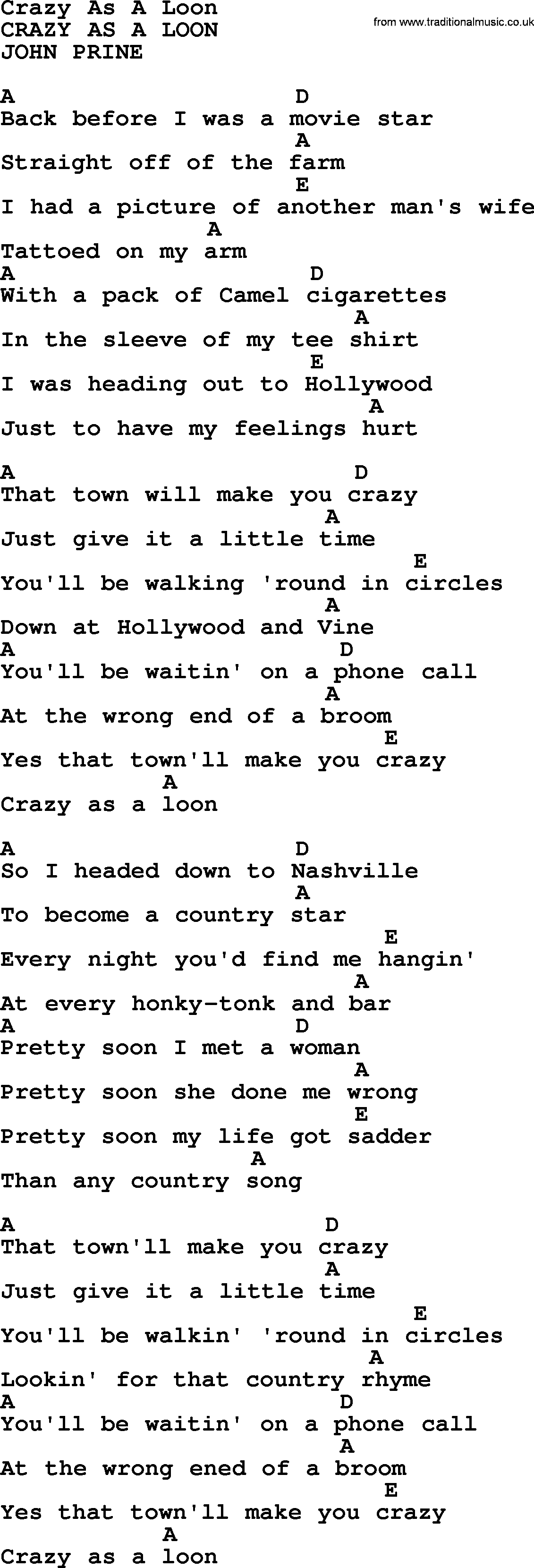 Bluegrass song: Crazy As A Loon, lyrics and chords