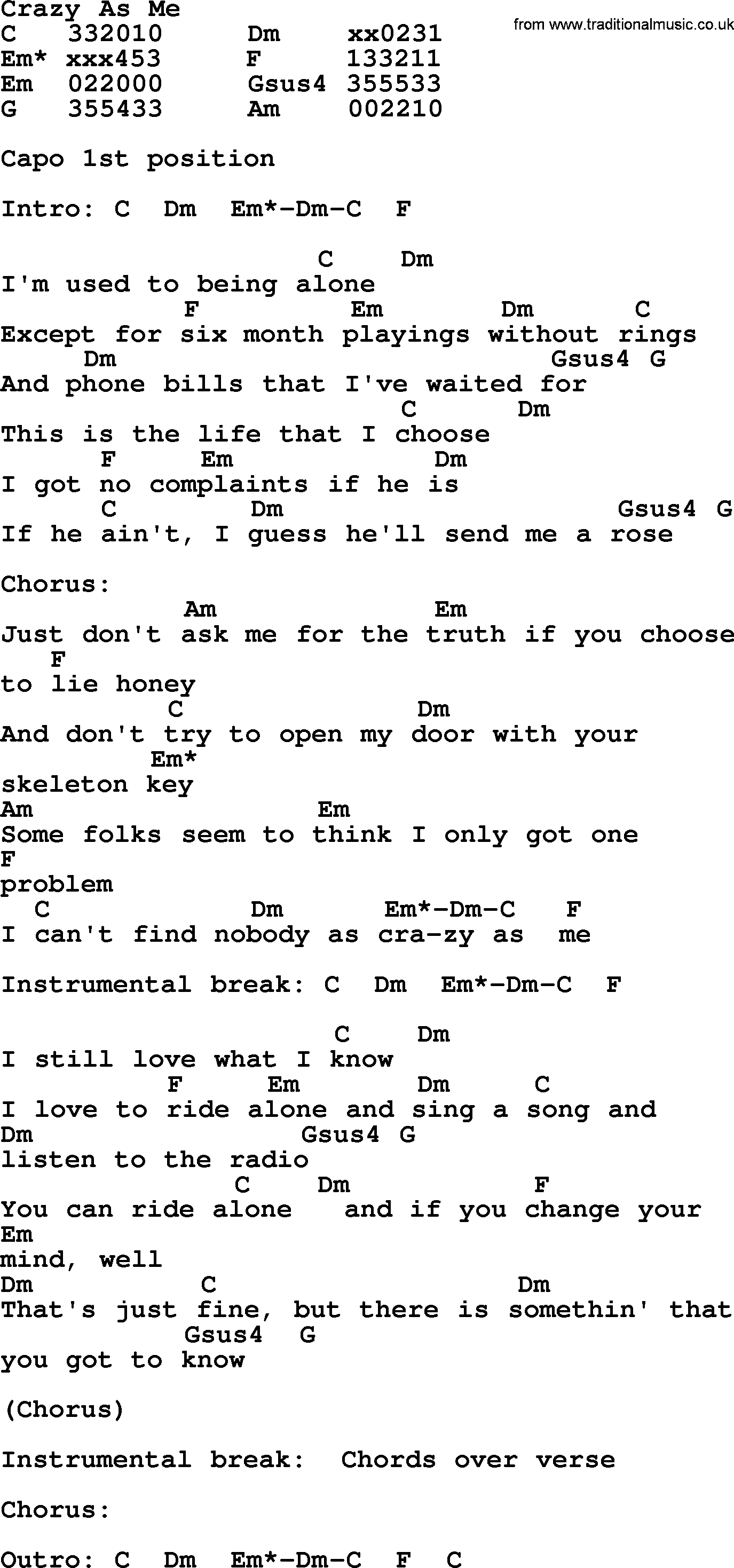 Bluegrass song: Crazy As Me, lyrics and chords