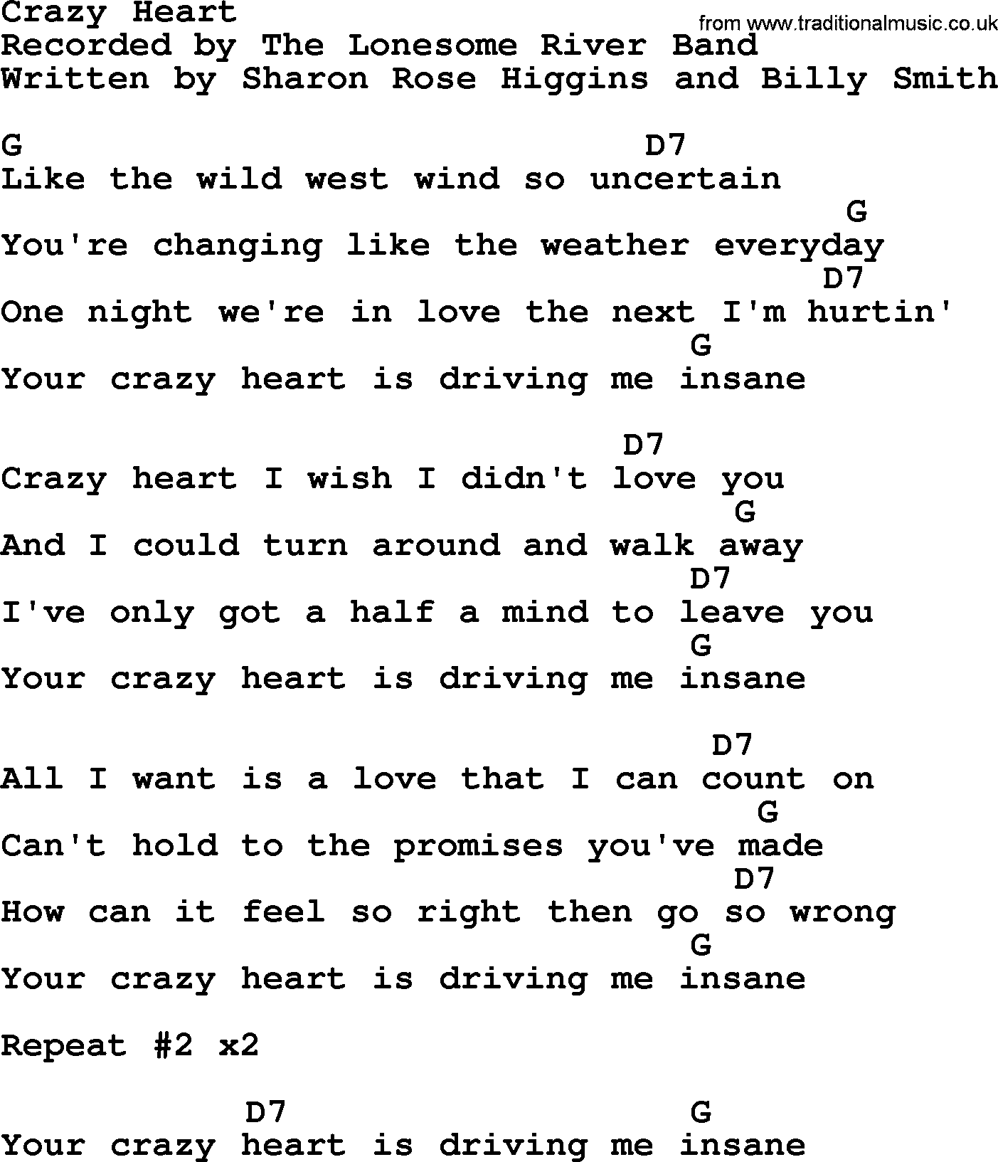 Bluegrass song: Crazy Heart, lyrics and chords