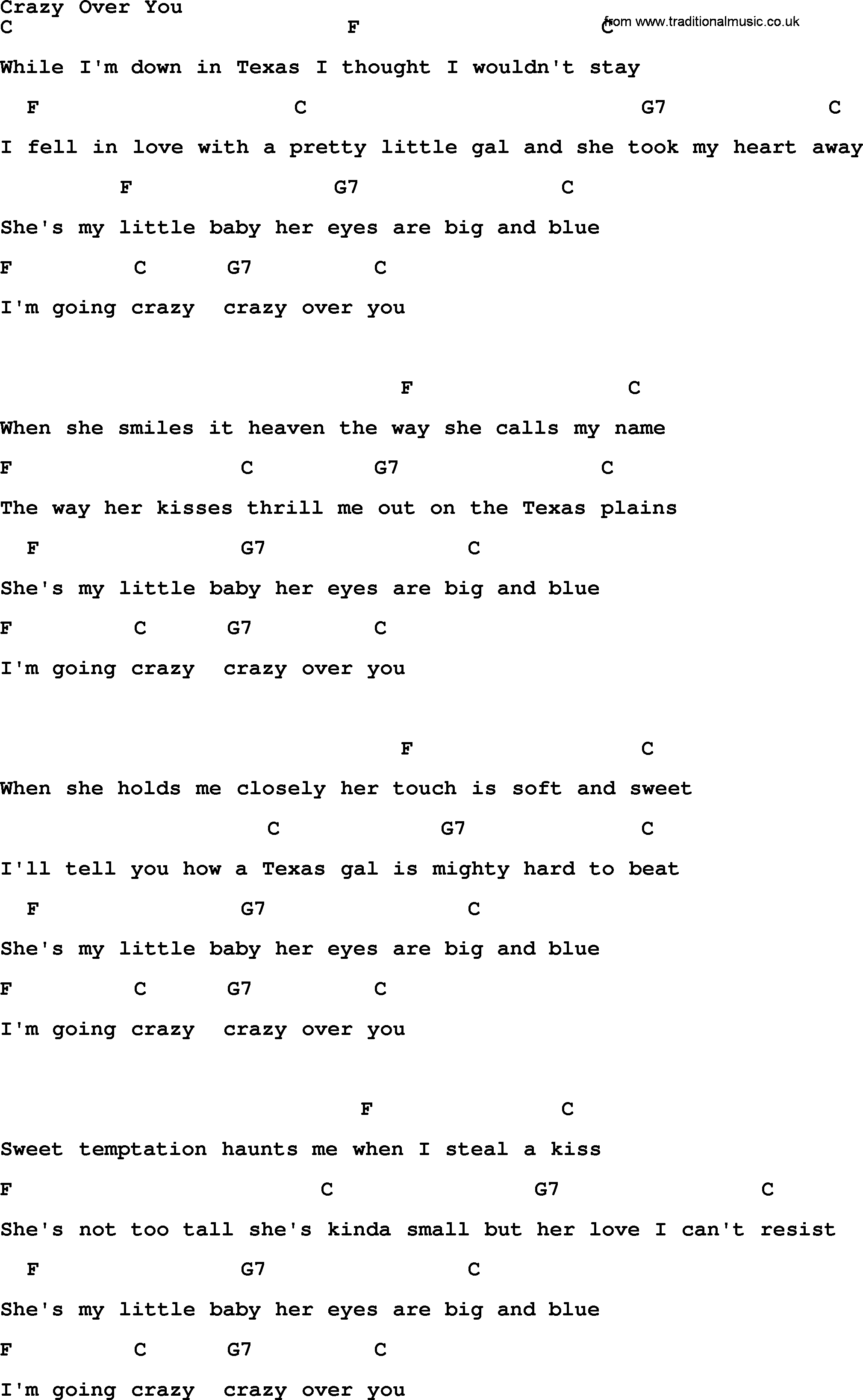 Bluegrass song: Crazy Over You, lyrics and chords