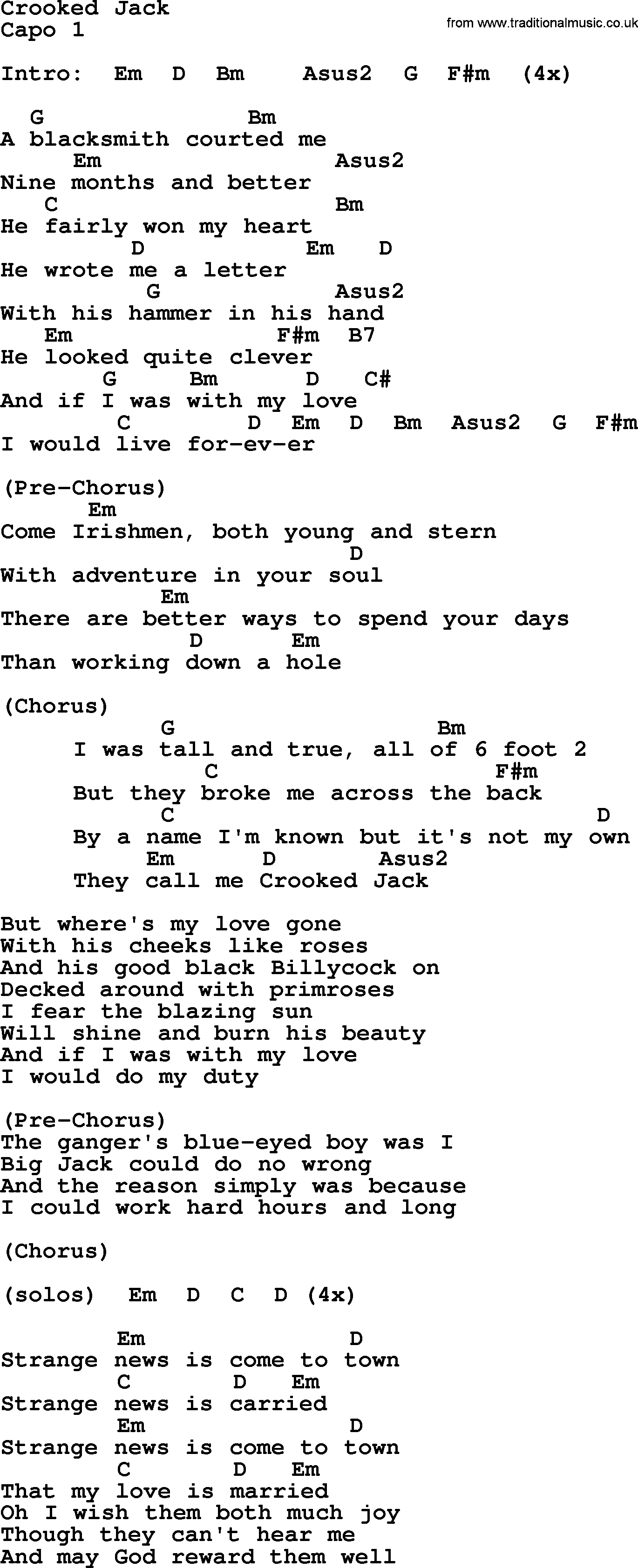 Bluegrass song: Crooked Jack, lyrics and chords
