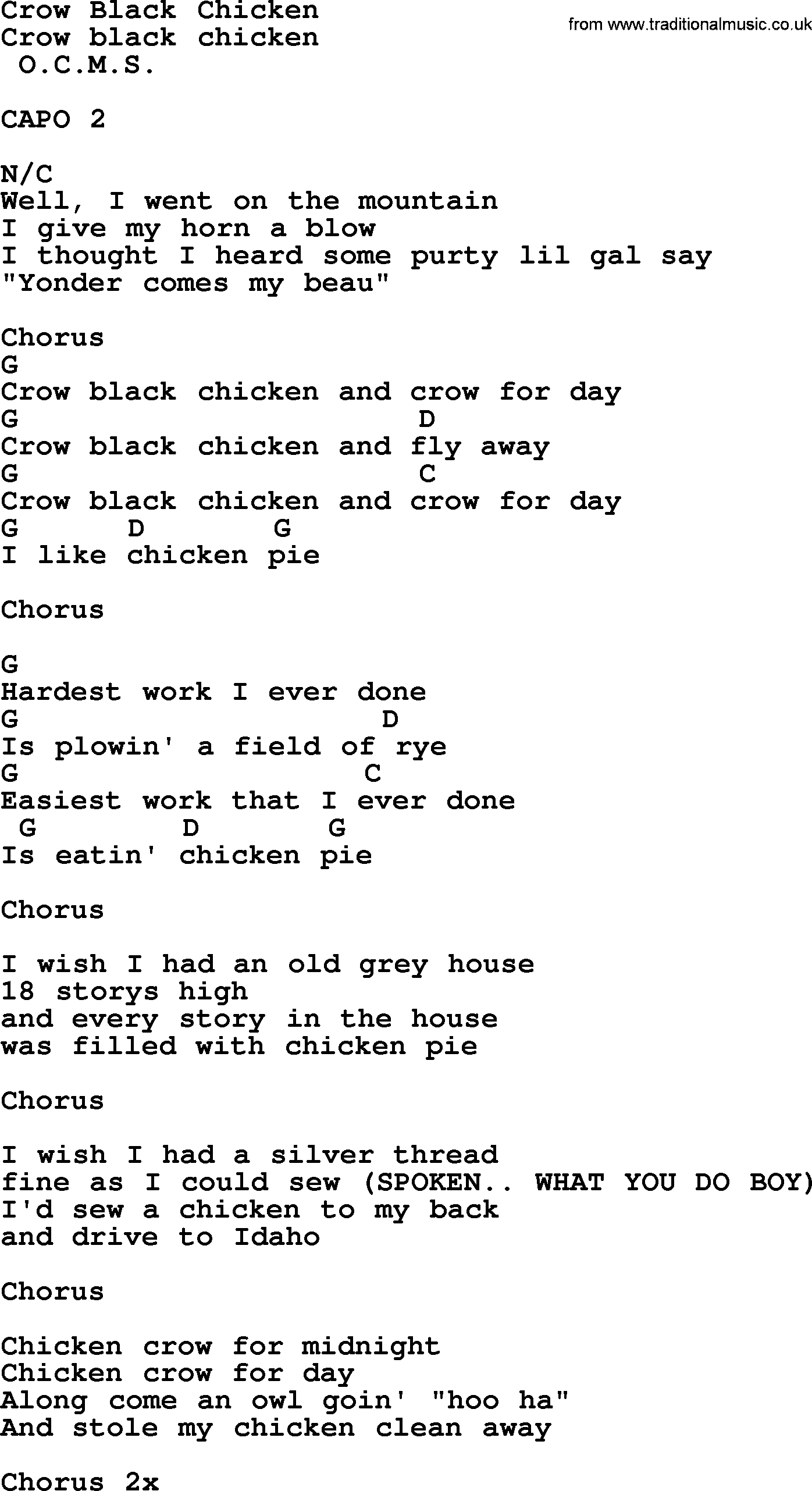 Bluegrass song: Crow Black Chicken, lyrics and chords