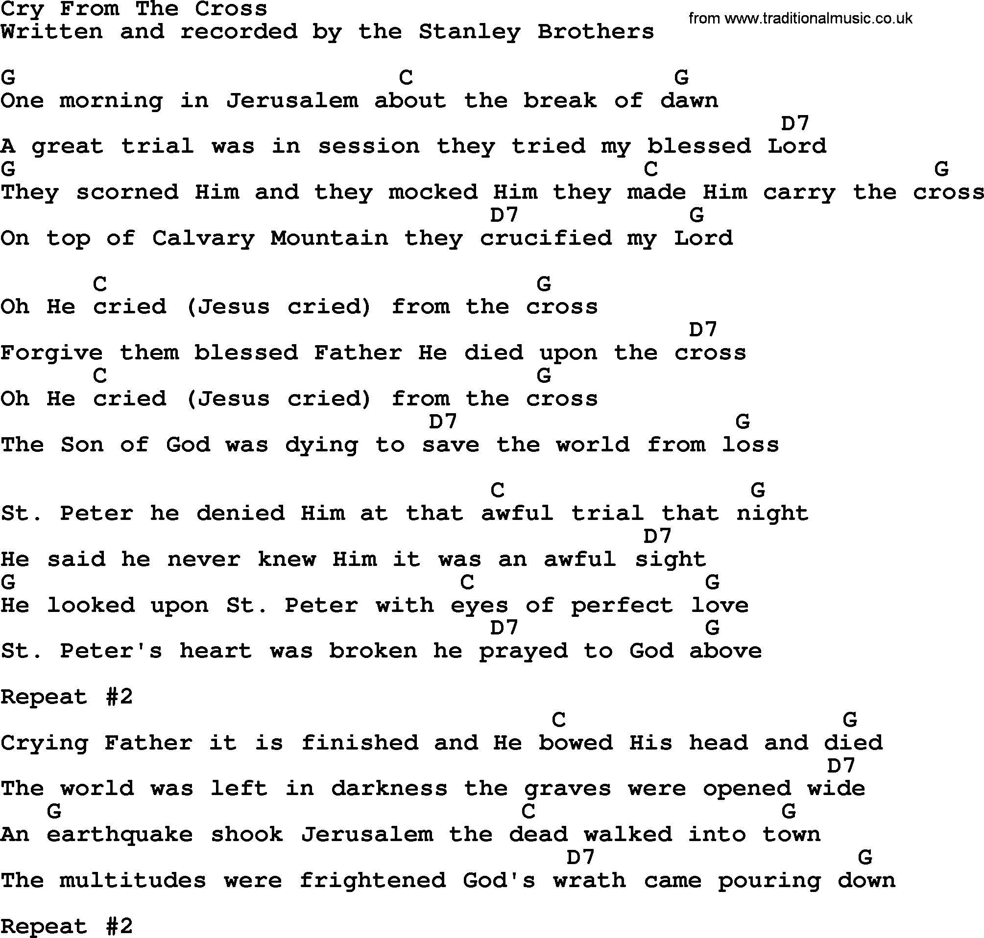 Bluegrass song: Cry From The Cross, lyrics and chords