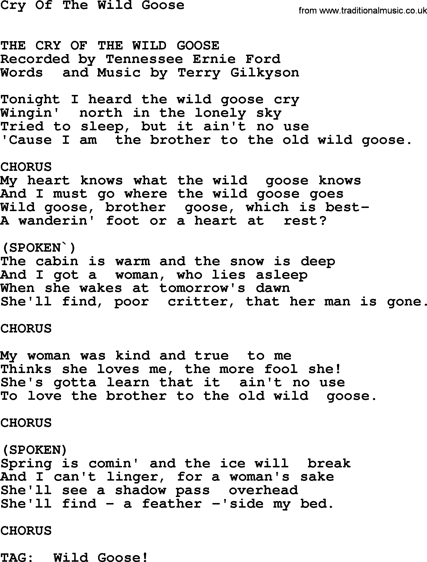 Bluegrass song: Cry Of The Wild Goose, lyrics and chords