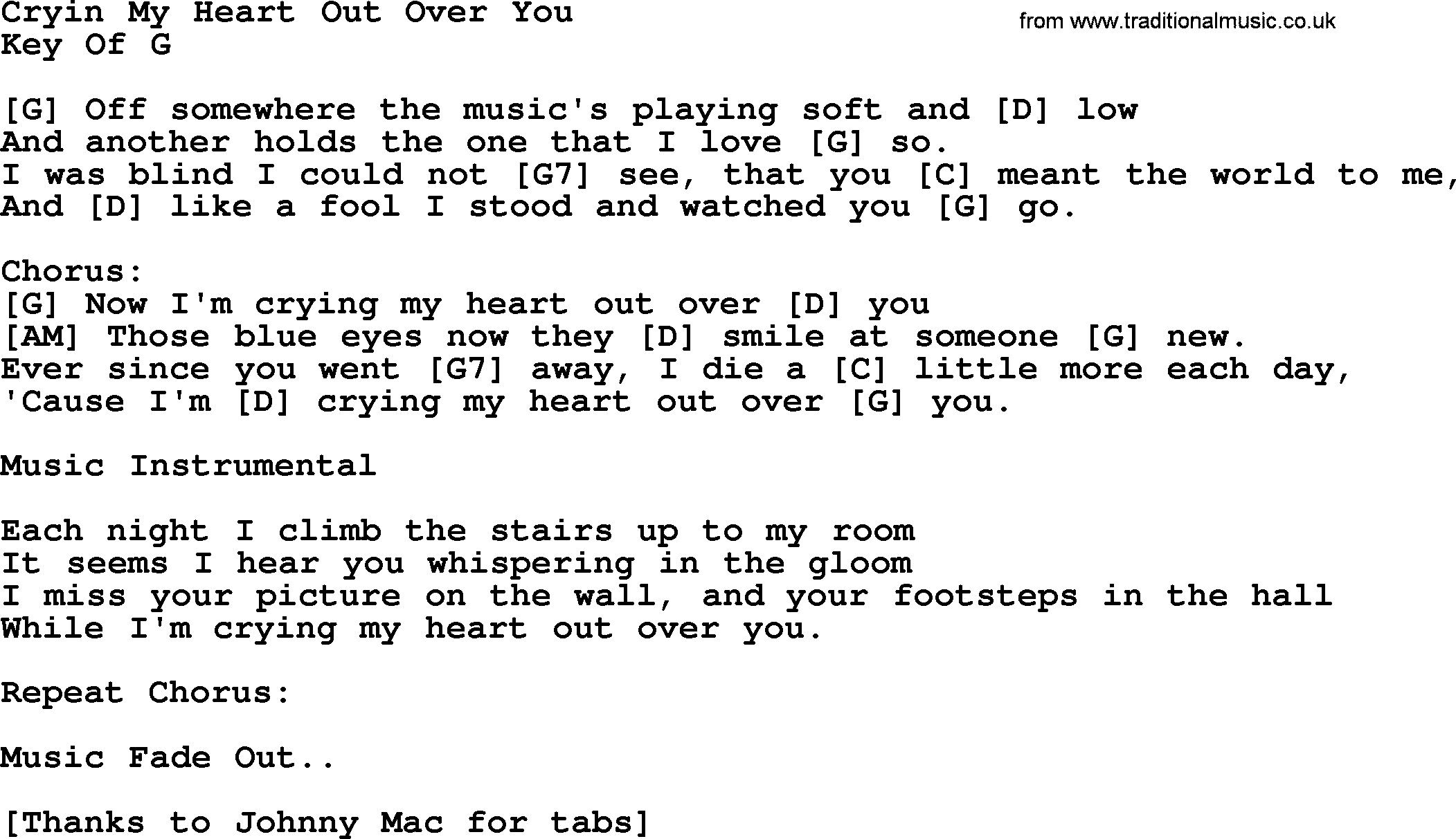 Bluegrass song: Cryin My Heart Out Over You, lyrics and chords