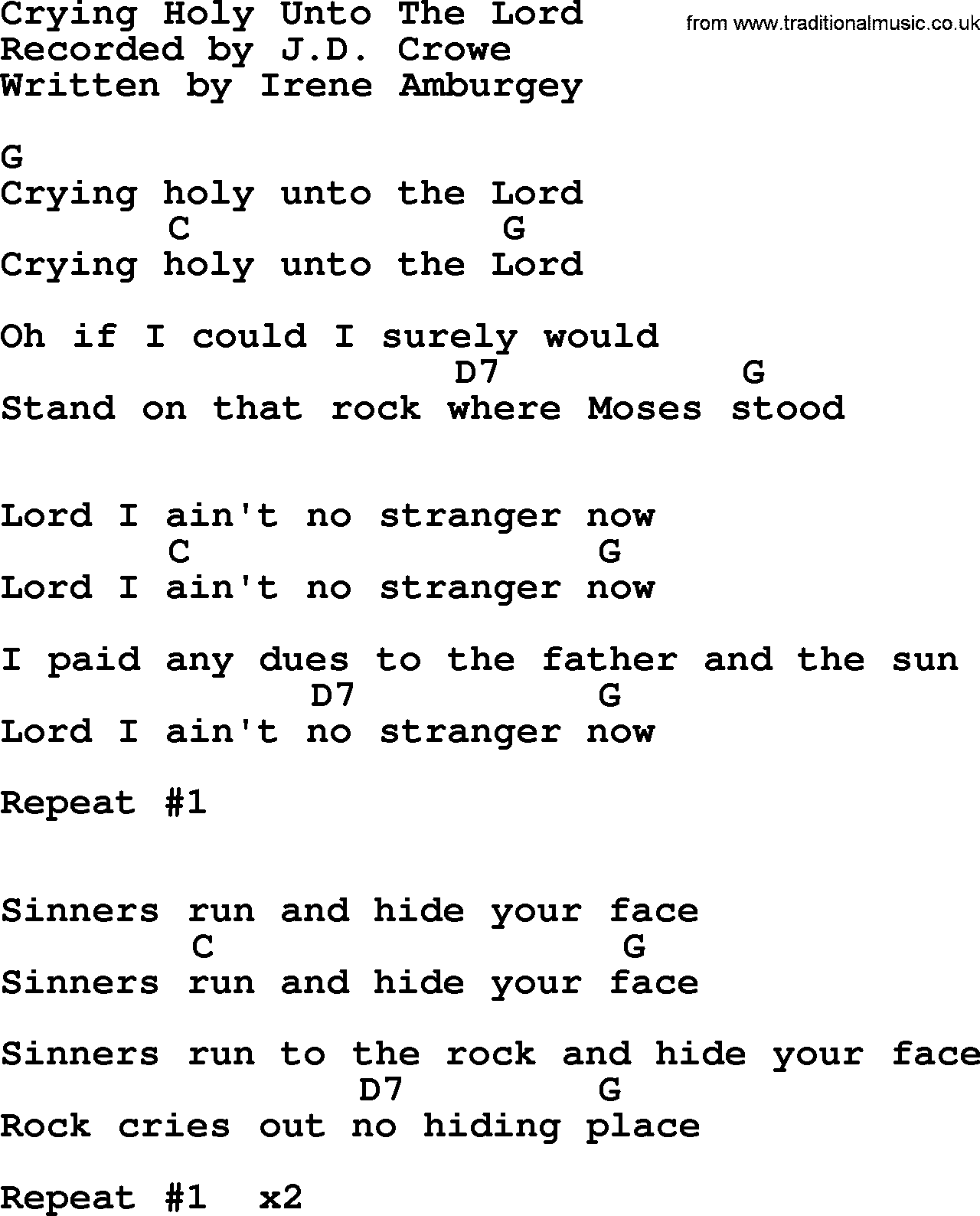 Bluegrass song: Crying Holy Unto The Lord, lyrics and chords