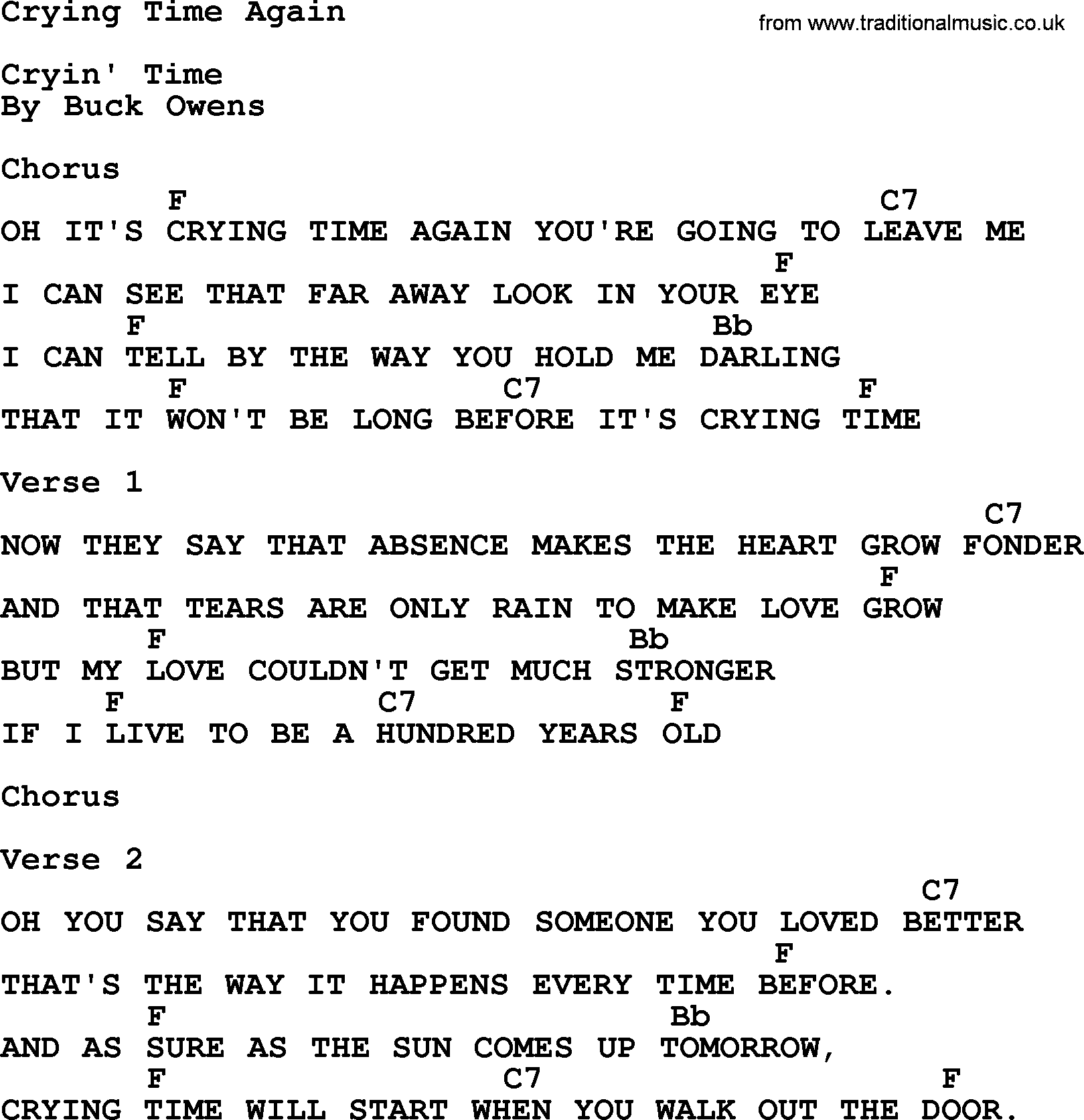 Bluegrass song: Crying Time Again, lyrics and chords