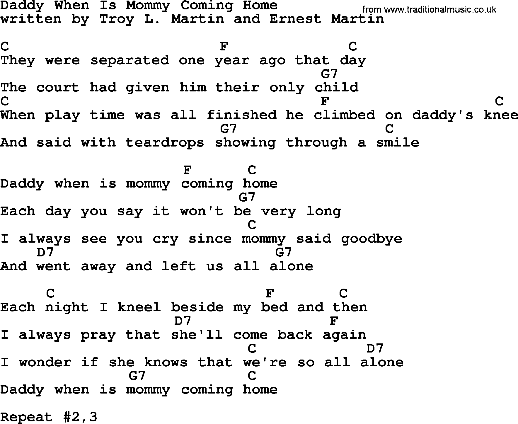 Bluegrass song: Daddy When Is Mommy Coming Home, lyrics and chords