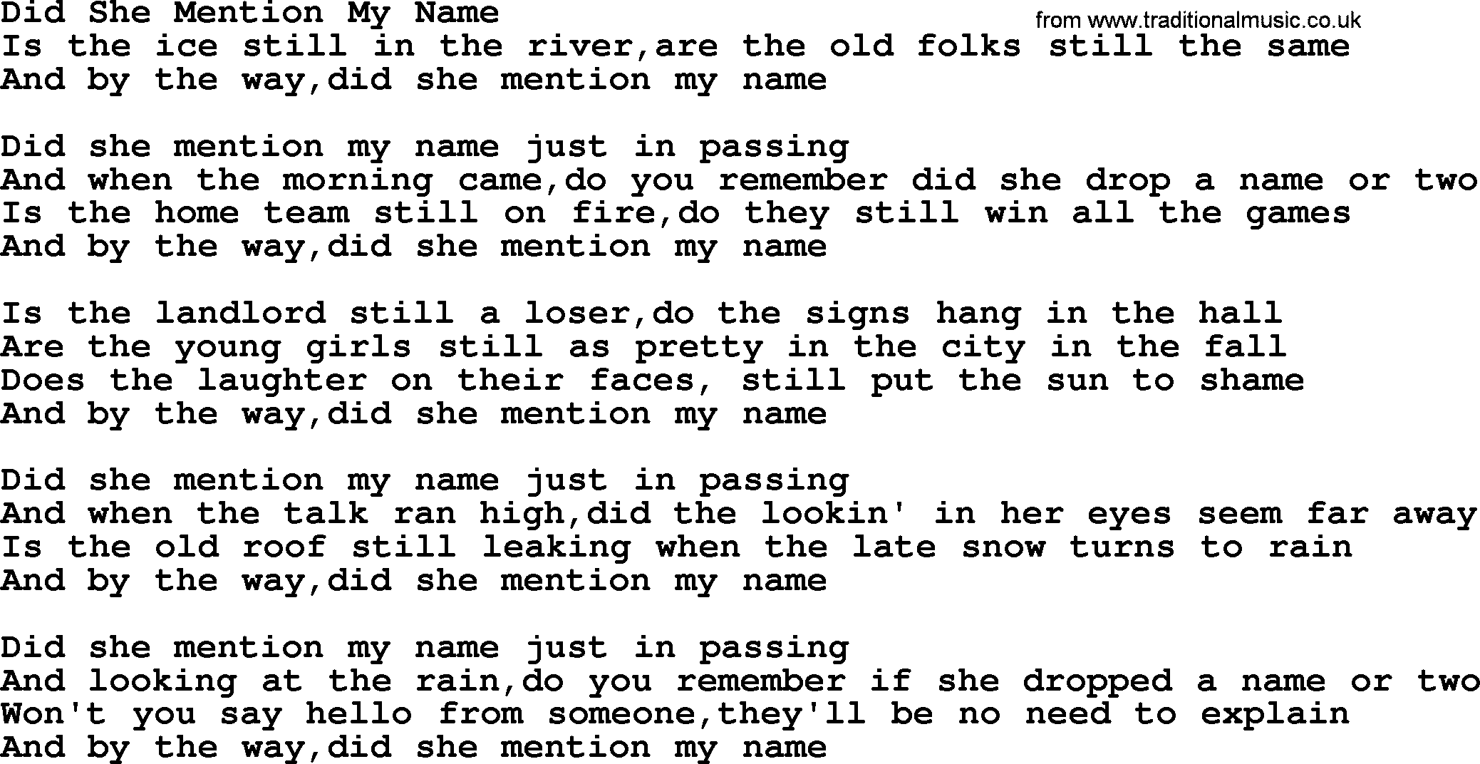 Bluegrass song: Did She Mention My Name, lyrics and chords