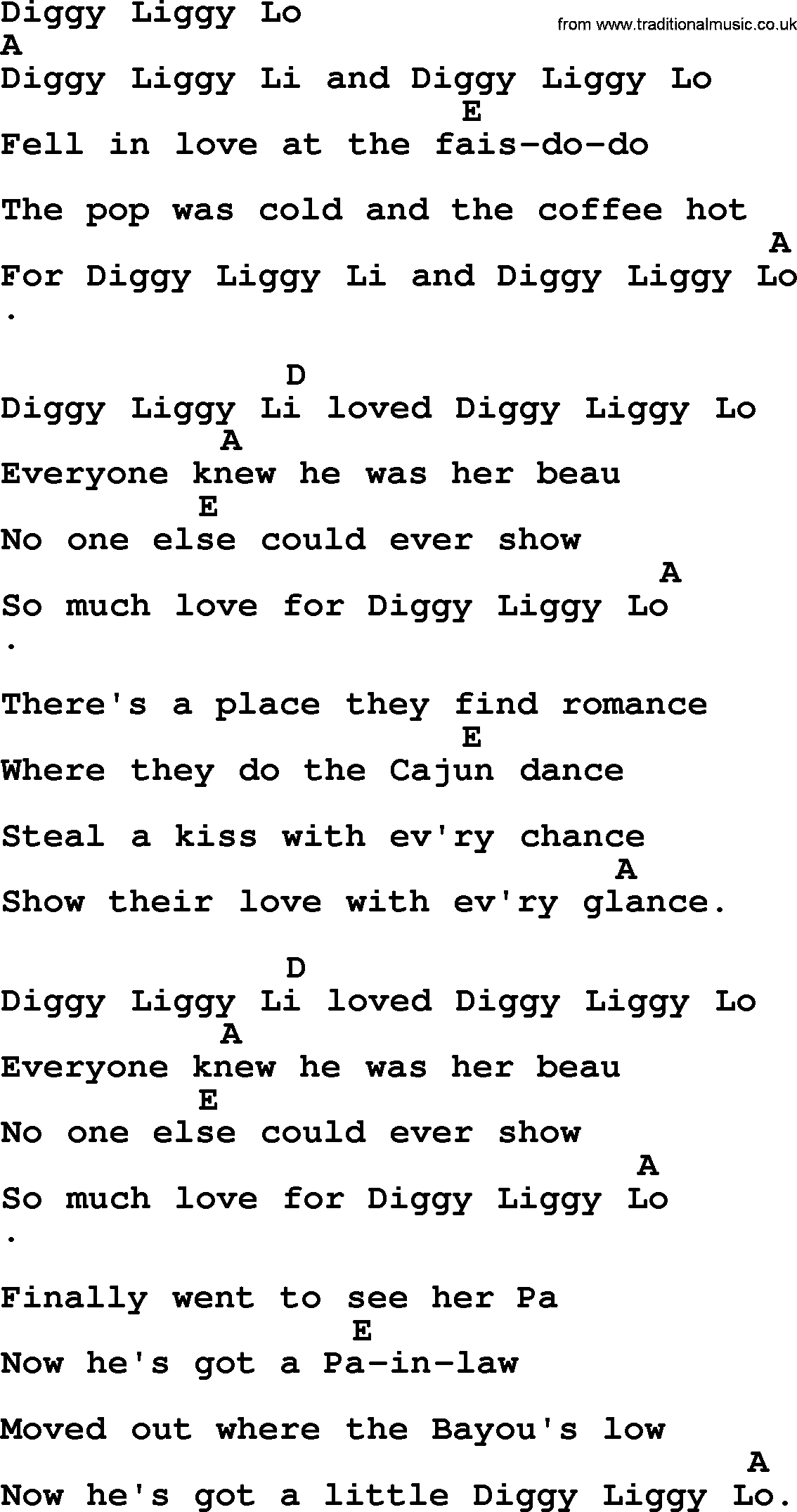 Bluegrass song: Diggy Liggy Lo, lyrics and chords