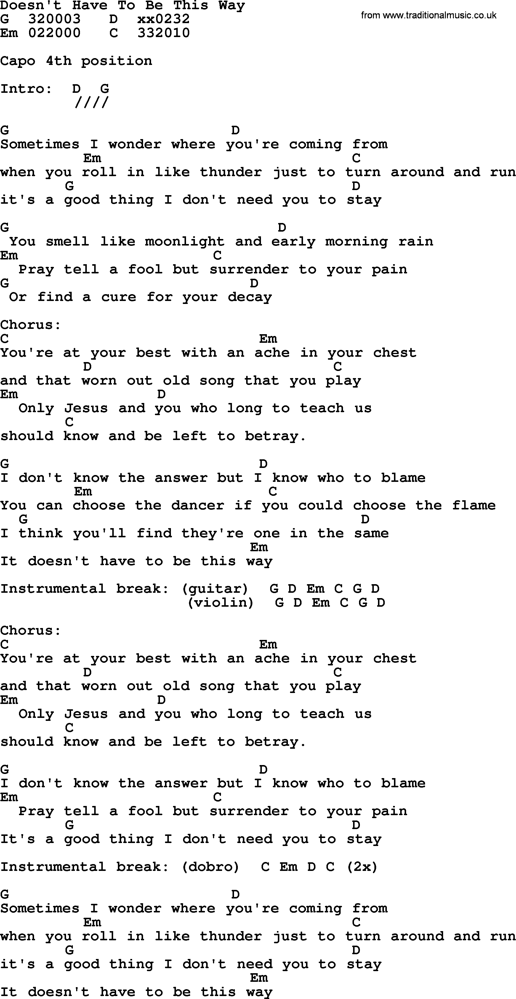 Bluegrass song: Doesn't Have To Be This Way, lyrics and chords