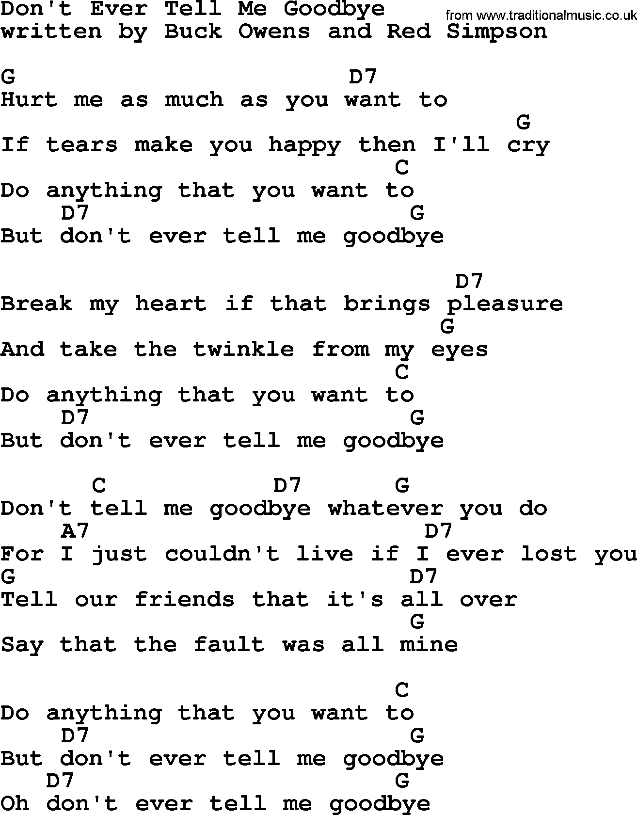 Bluegrass song: Don't Ever Tell Me Goodbye, lyrics and chords