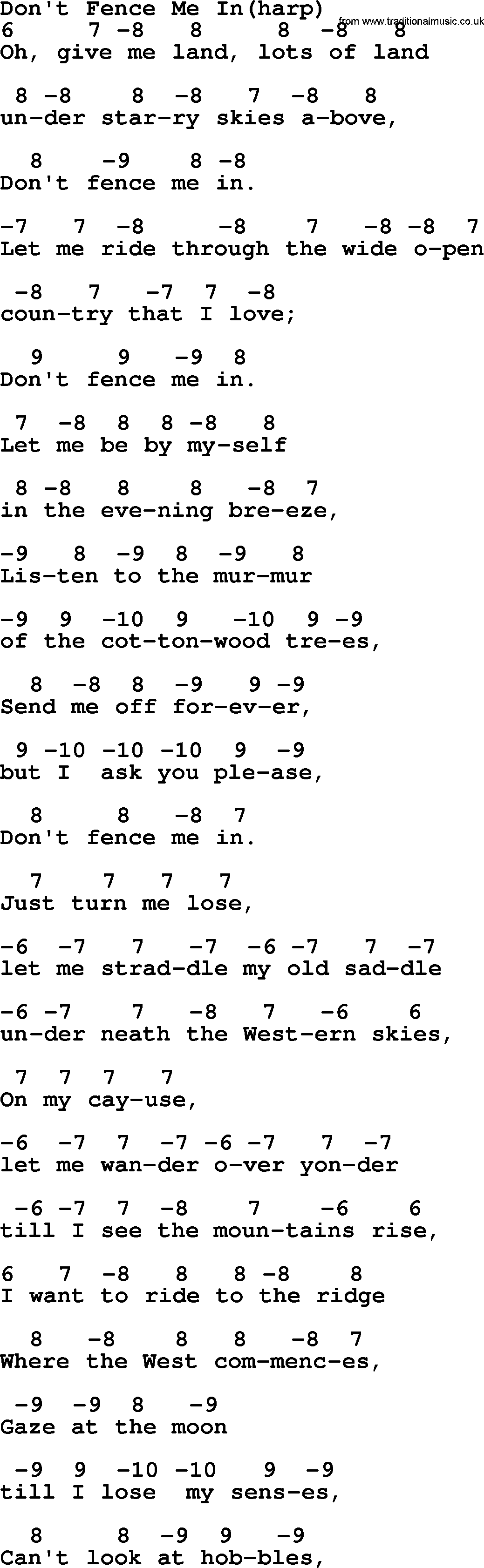 Bluegrass song: Don't Fence Me In(Harp), lyrics and chords