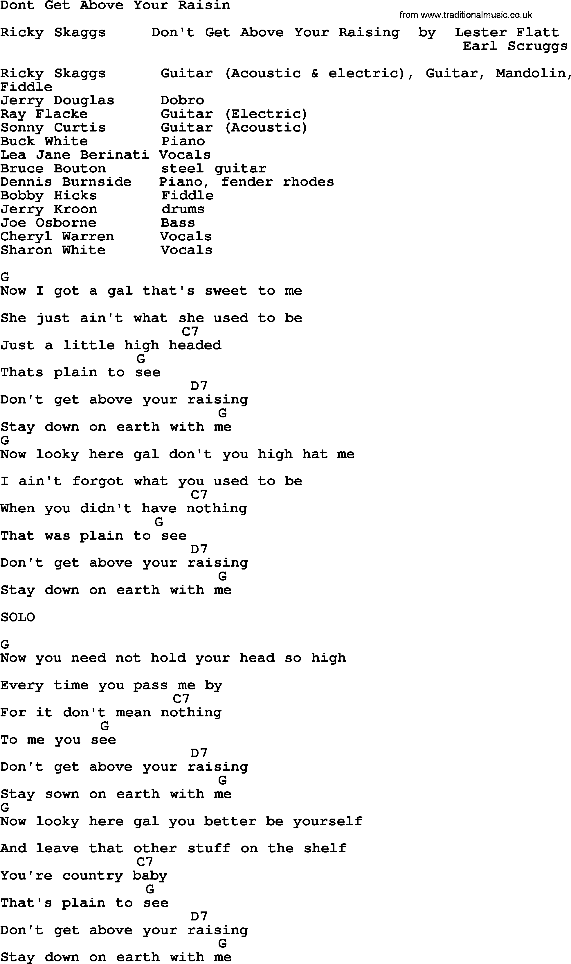 Bluegrass song: Dont Get Above Your Raisin, lyrics and chords