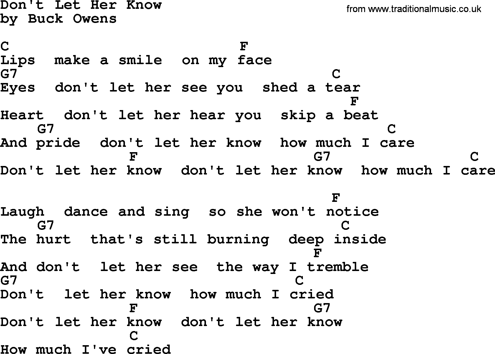 Bluegrass song: Don't Let Her Know, lyrics and chords