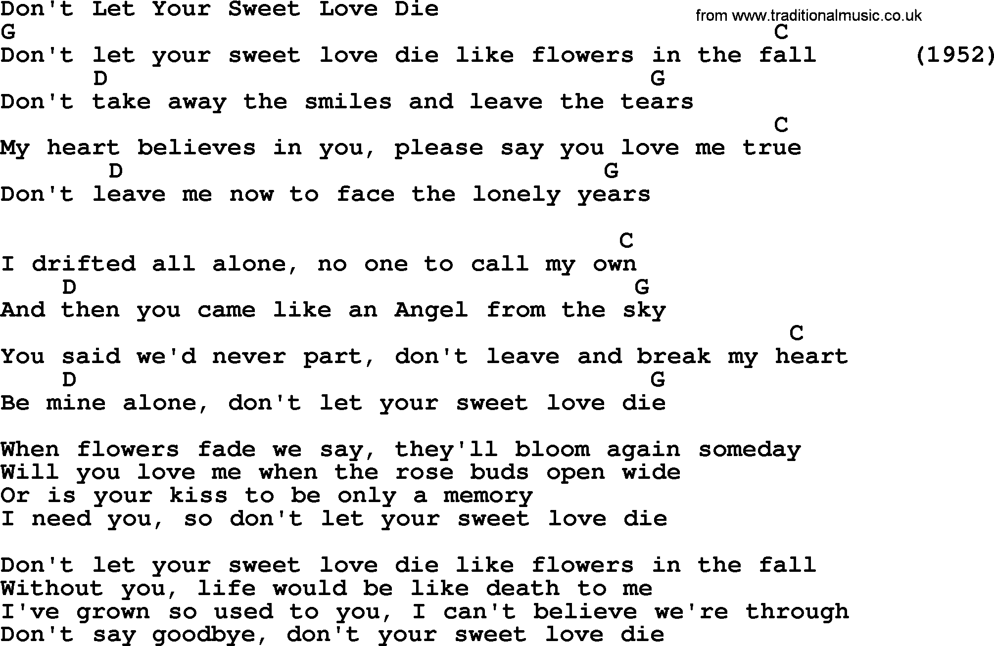 Bluegrass song: Don't Let Your Sweet Love Die, lyrics and chords
