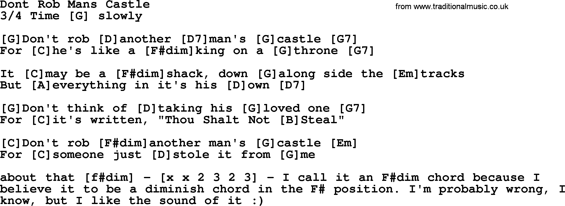 Bluegrass song: Dont Rob Mans Castle, lyrics and chords