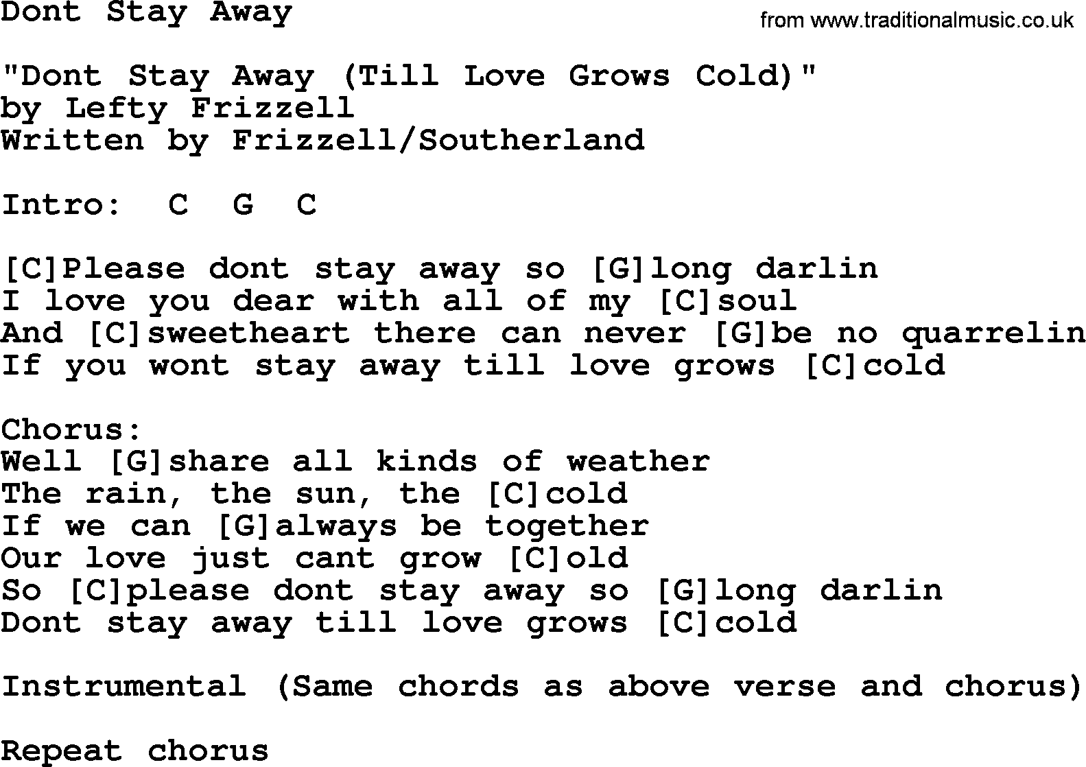 Bluegrass song: Dont Stay Away, lyrics and chords