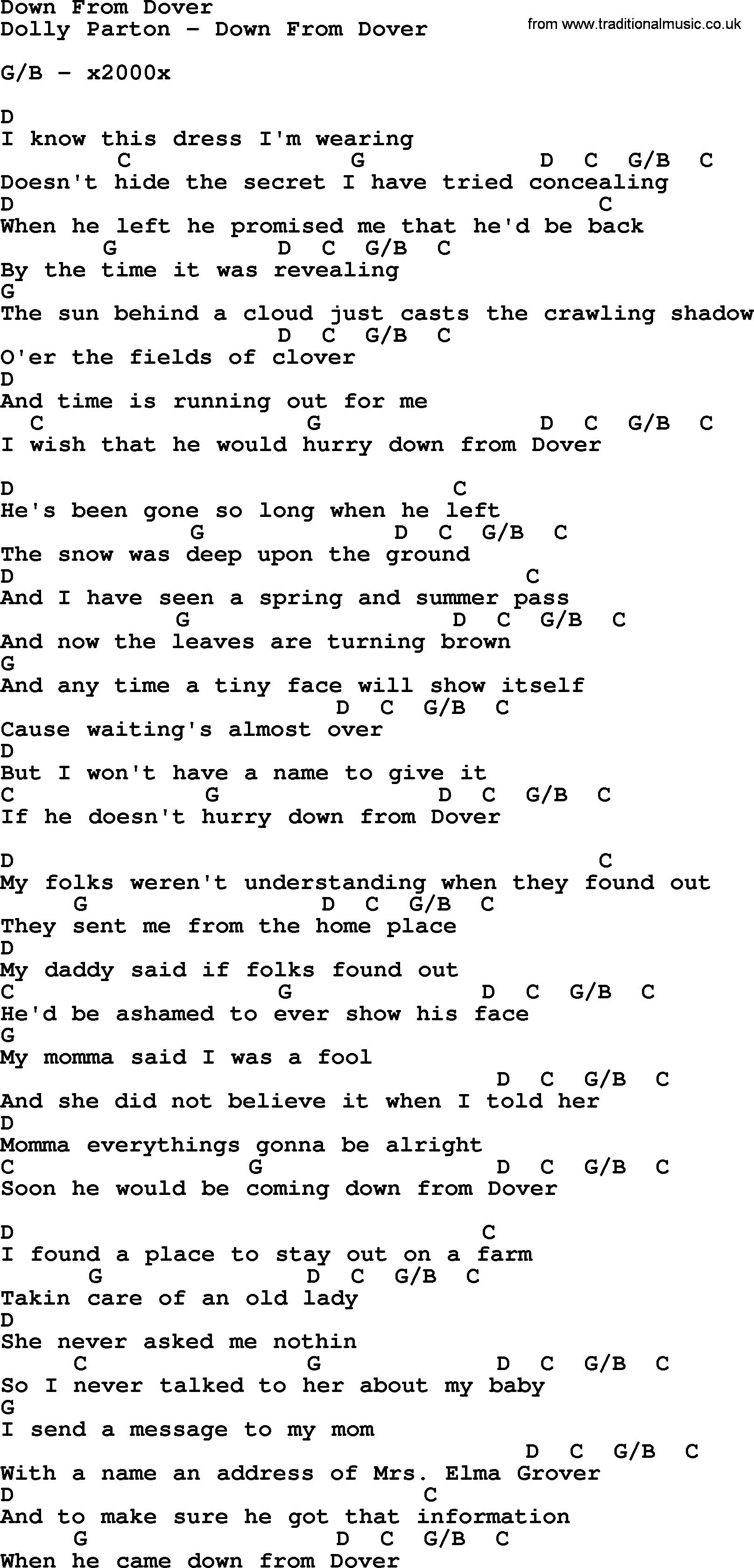 Bluegrass song: Down From Dover, lyrics and chords