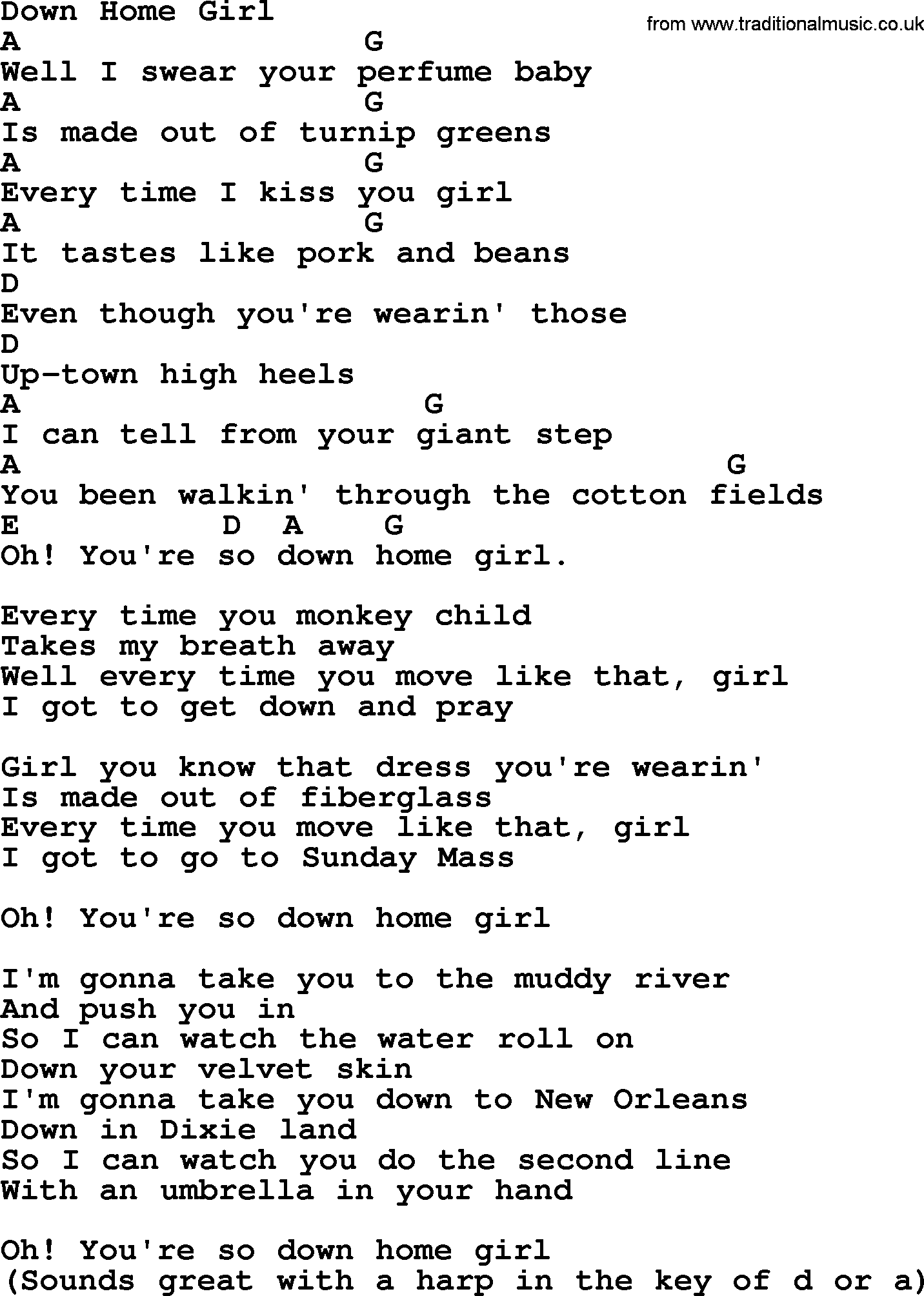 Bluegrass song: Down Home Girl, lyrics and chords