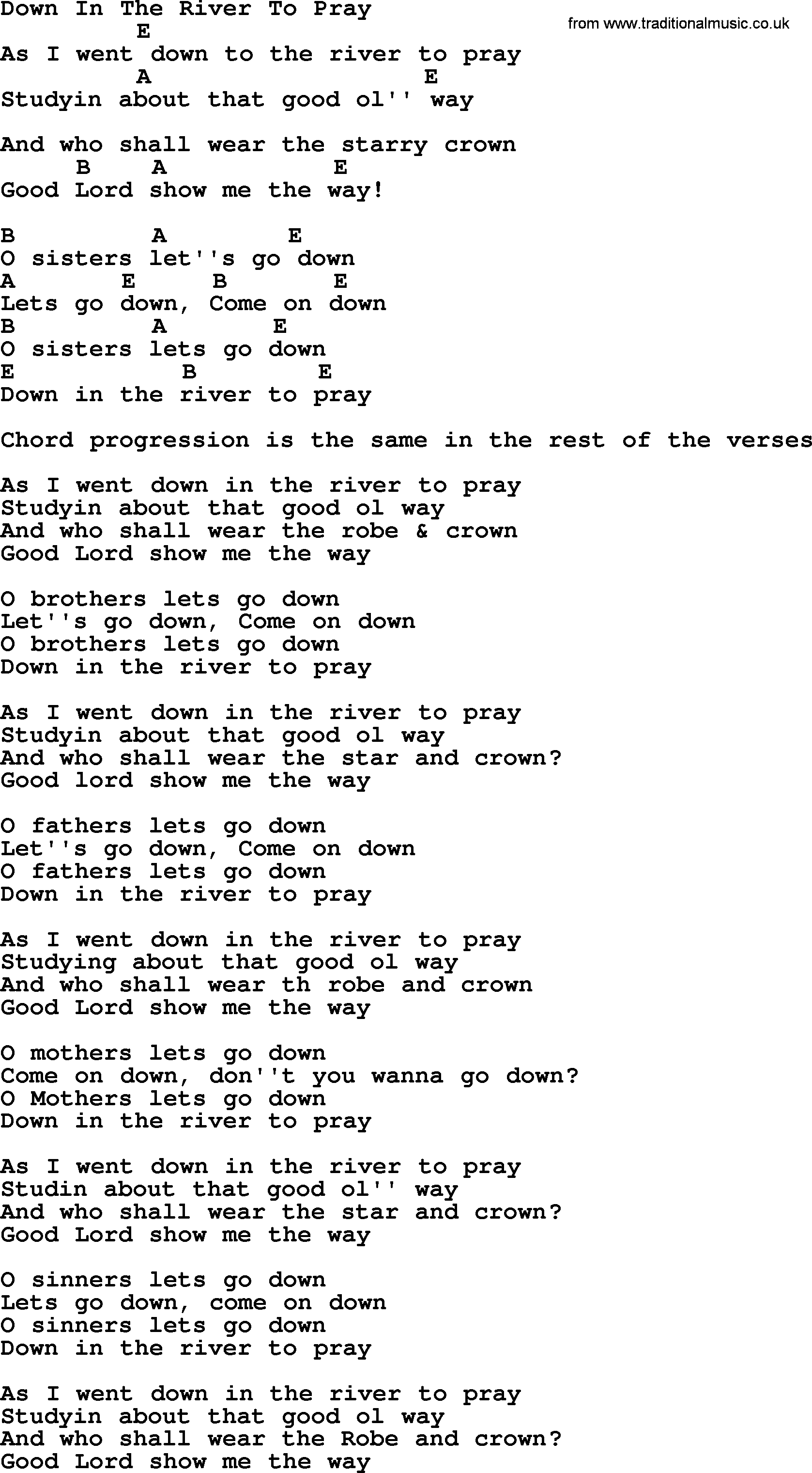 Bluegrass song: Down In The River To Pray, lyrics and chords