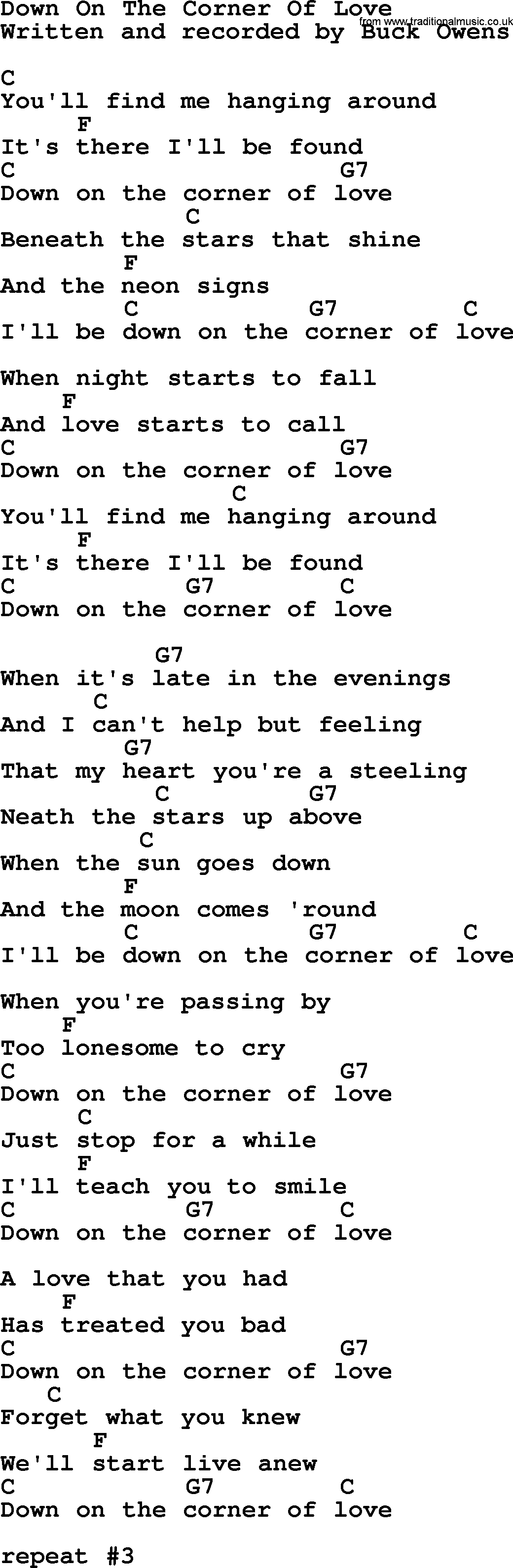 Bluegrass song: Down On The Corner Of Love, lyrics and chords