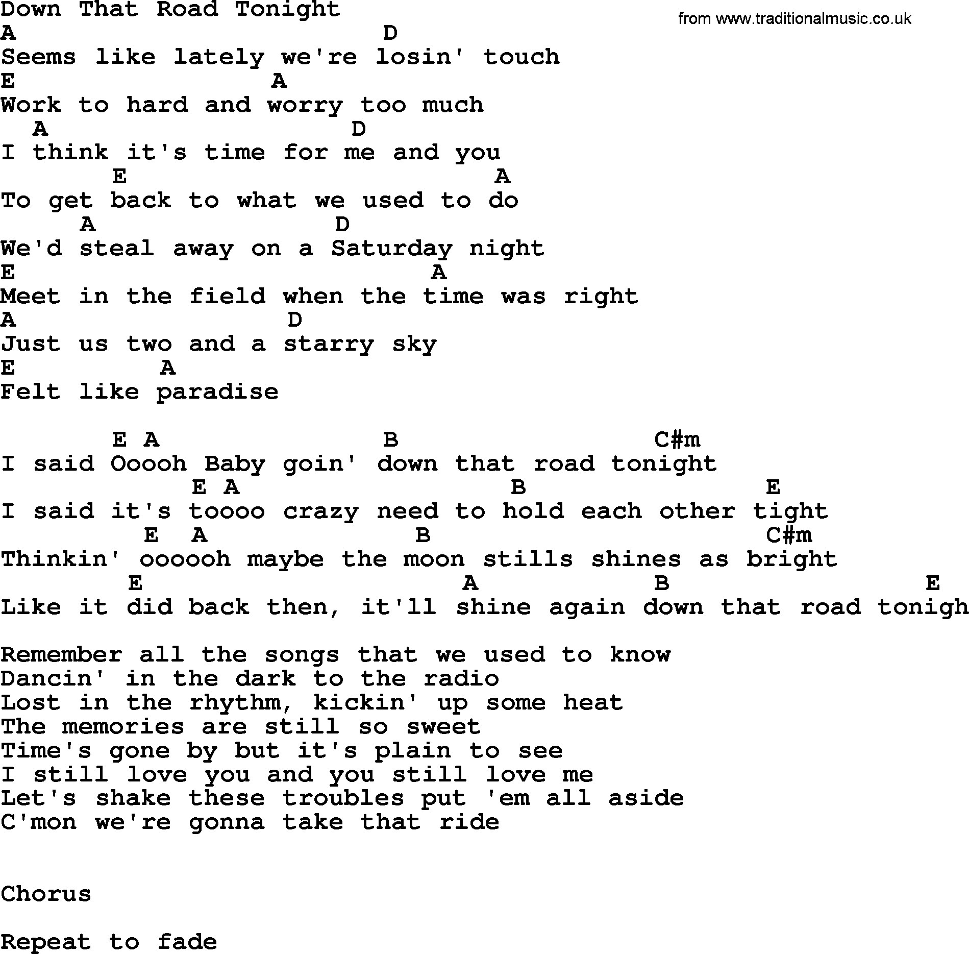Bluegrass song: Down That Road Tonight, lyrics and chords