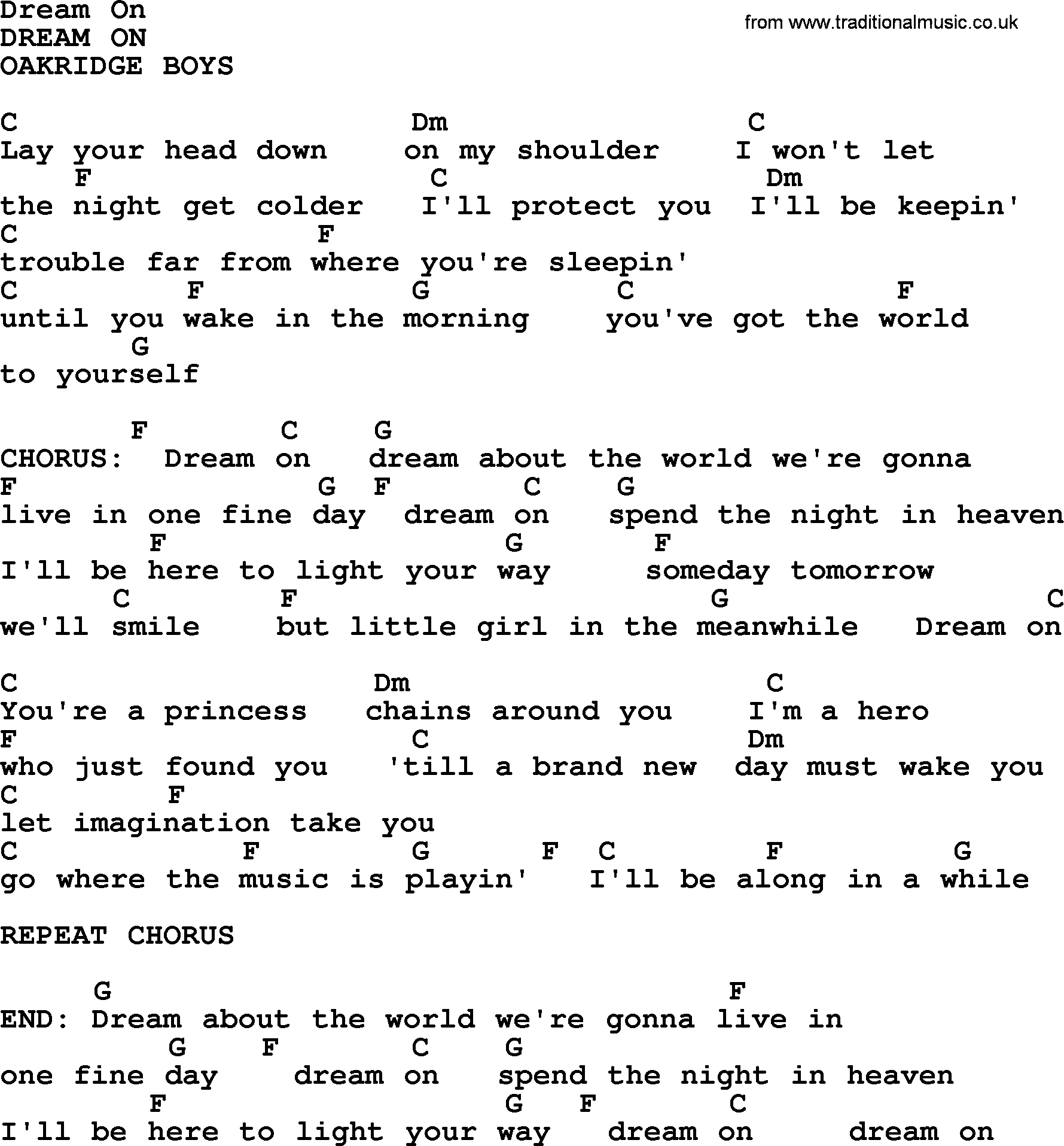 Bluegrass song: Dream On, lyrics and chords