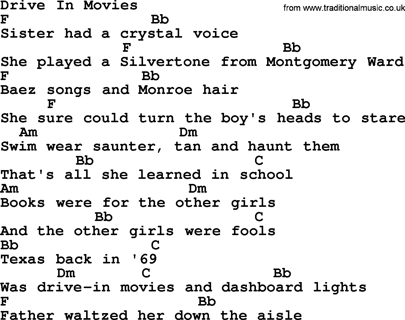 Bluegrass song: Drive In Movies, lyrics and chords