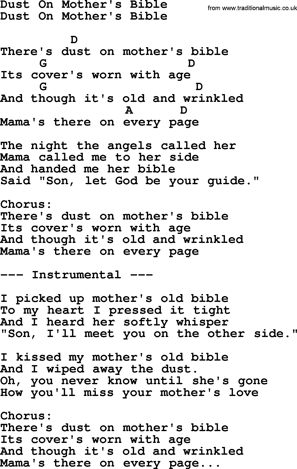 Bluegrass song: Dust On Mother's Bible, lyrics and chords