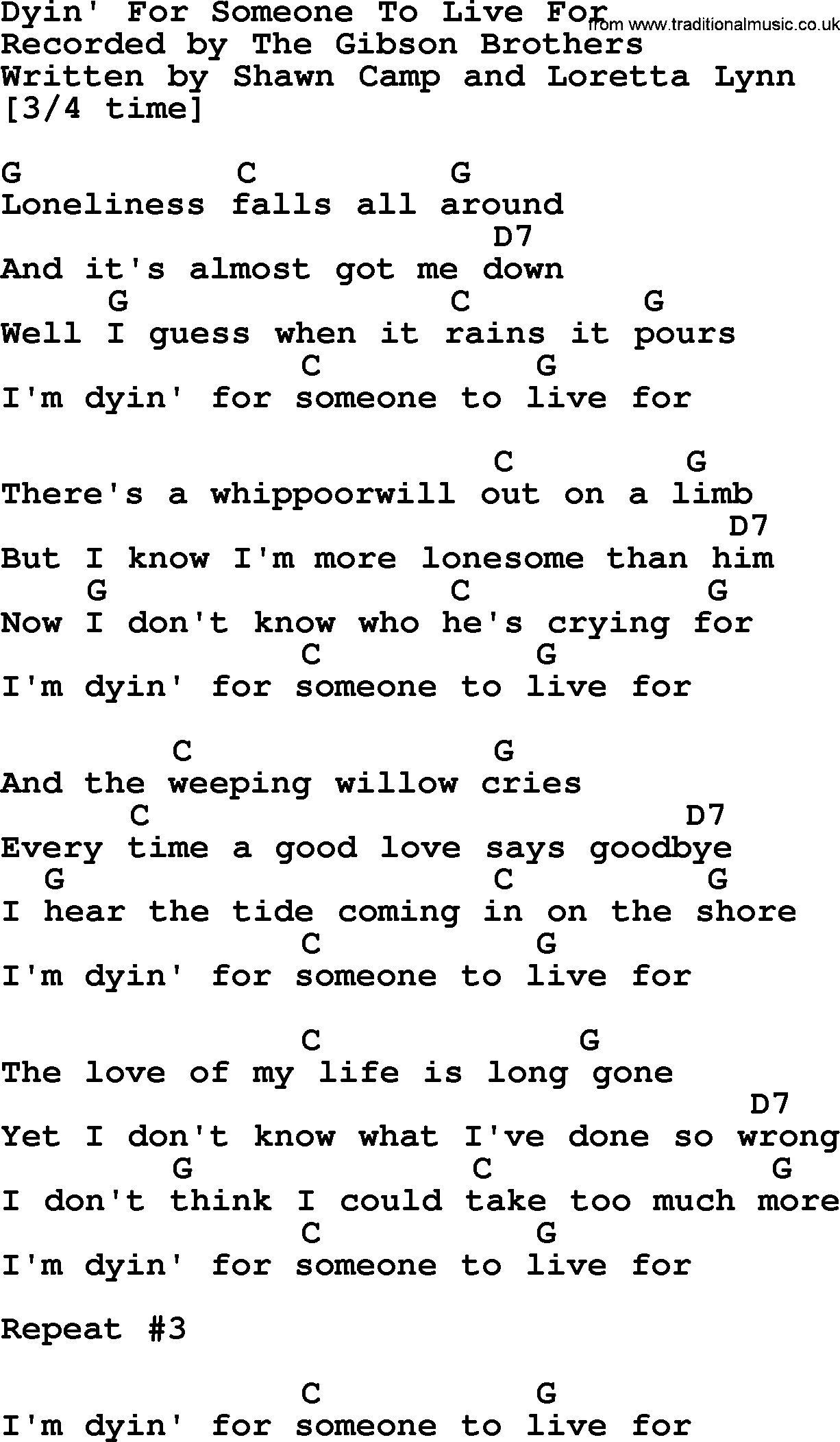 Bluegrass song: Dyin' For Someone To Live For, lyrics and chords