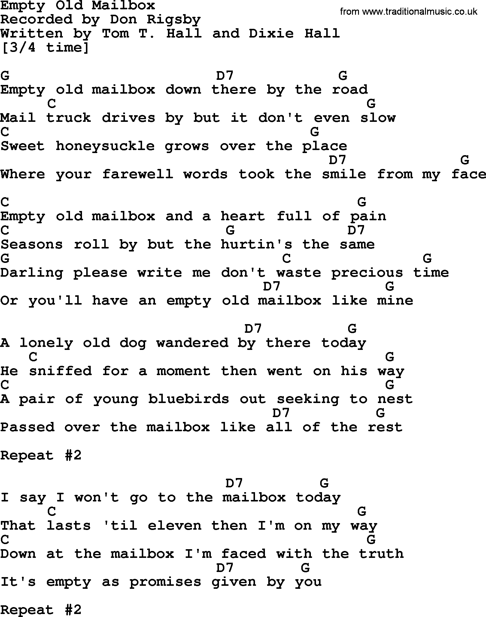 Bluegrass song: Empty Old Mailbox, lyrics and chords