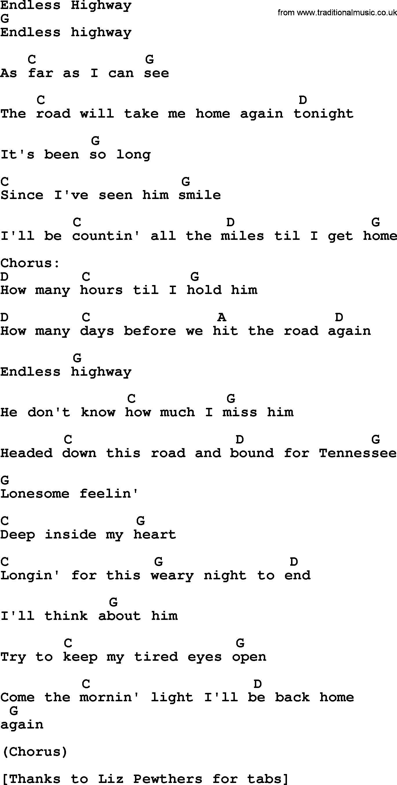 Bluegrass song: Endless Highway, lyrics and chords