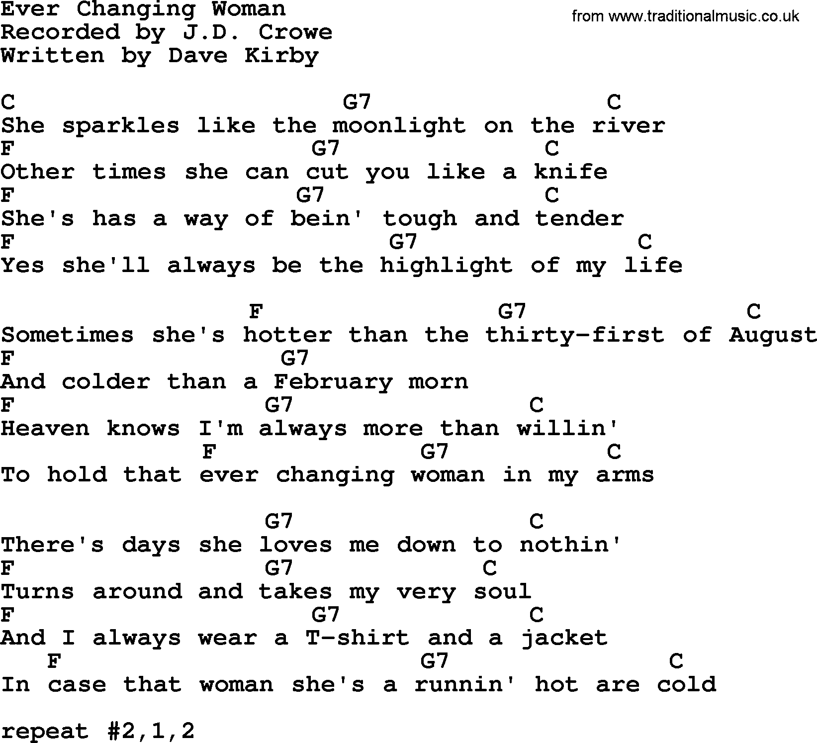 Bluegrass song: Ever Changing Woman, lyrics and chords